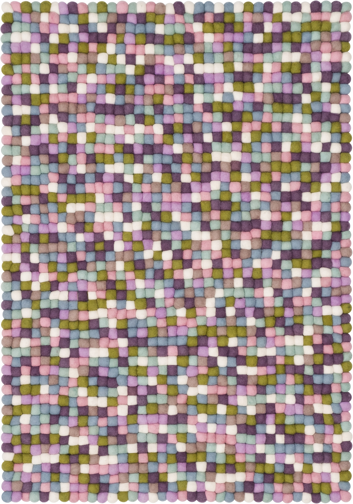 Myfelt Greta Filzkugel Teppich 120x170 cm mit bunten Filzkugeln in Rosa, Grün, Blau und Lila.