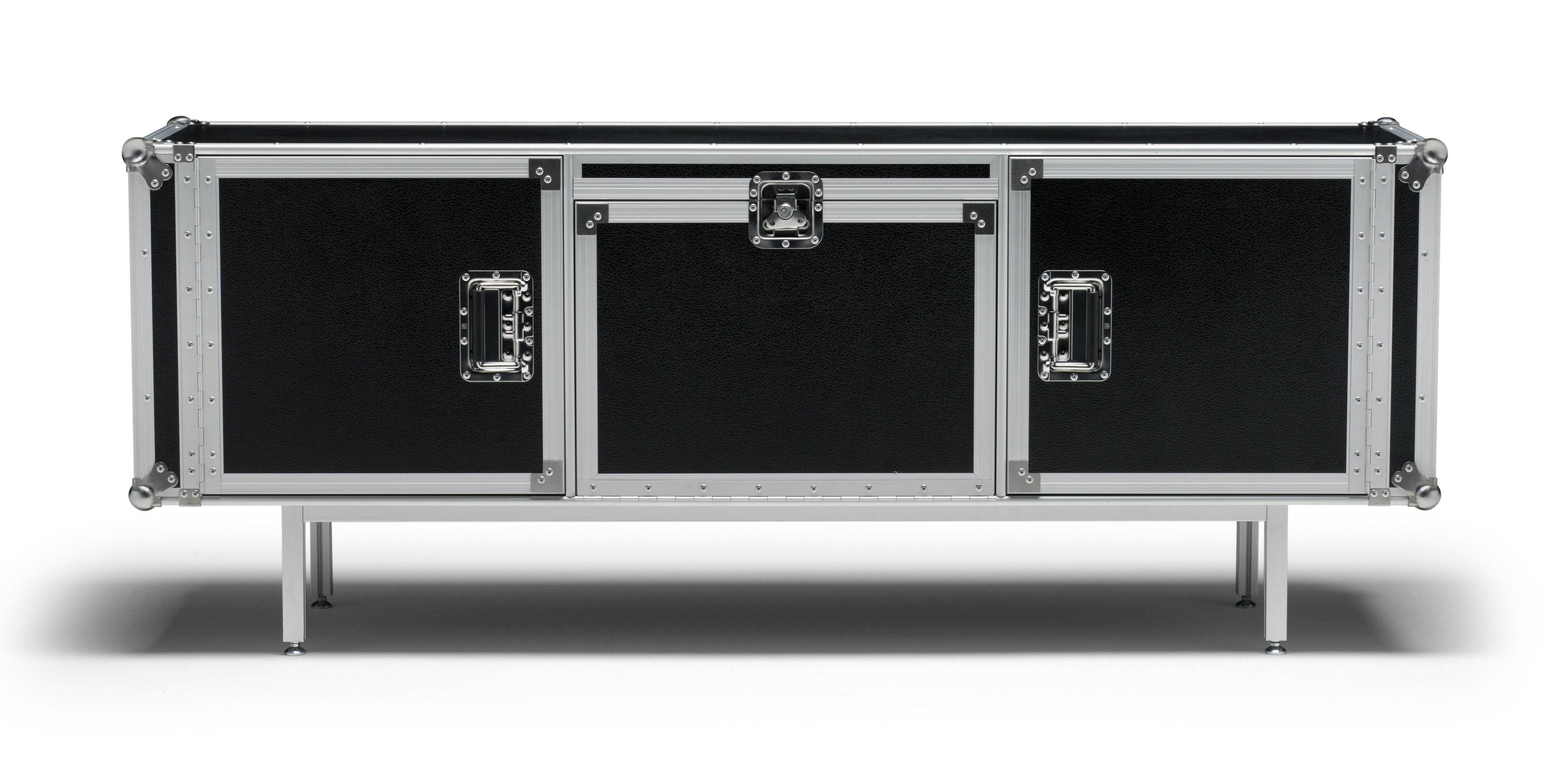 Schwarzes Total Sideboard von Moroso Diesel mit drei Türen und silberfarbenen Beschlägen auf einem Metallgestell.