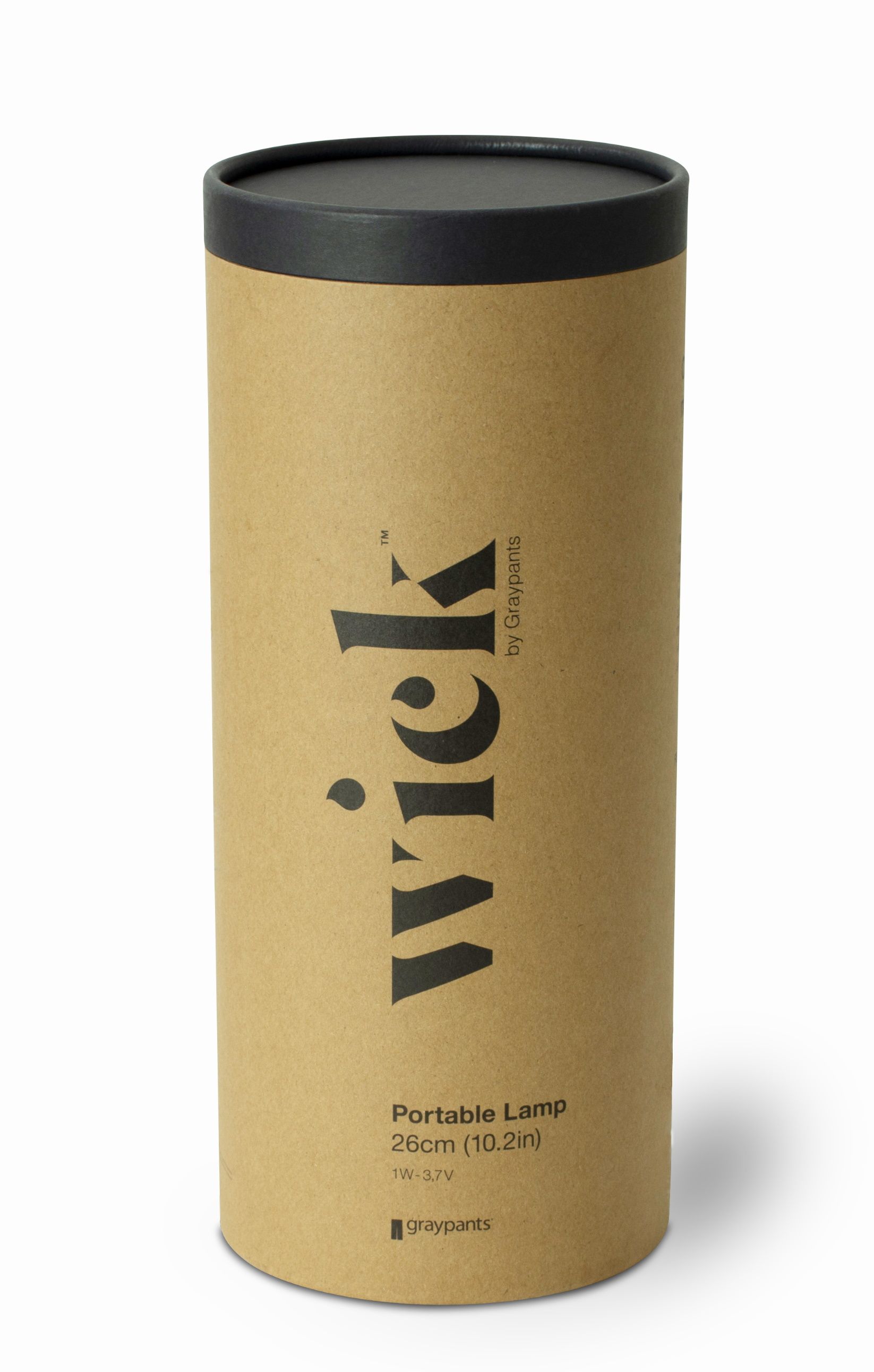 Wick Portable Akkuleuchte von Graypants, Tischleuchte im Karton-Design mit schwarzem Deckel, modernes Wohnaccessoire.