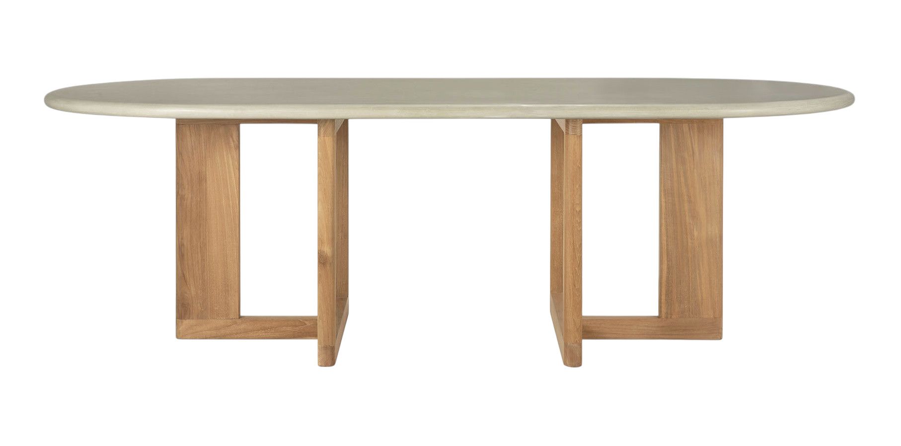 Ethnicraft Trestle Outdoor Esstisch aus Teakholz mit ovaler Tischplatte für den Garten oder die Terrasse.