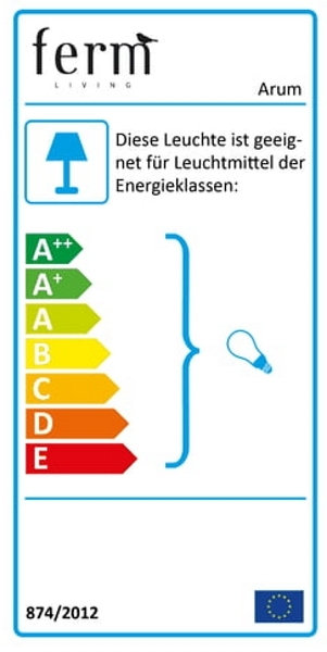 Energieeffizienzlabel der Arum Leuchte von Ferm Living, geeignet für Leuchtmittel der Energieklassen A++ bis E.