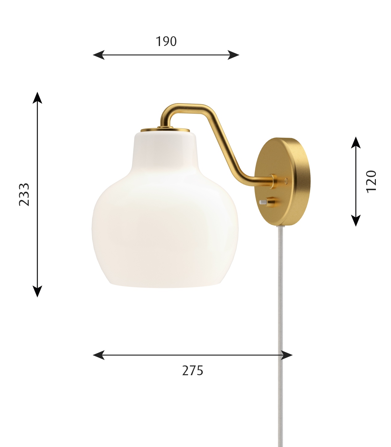 VL Ring Crown 1 Wandleuchte von Louis Poulsen, Detailaufnahme mit Maßen, goldfarbene Halterung und weißer Glasschirm.