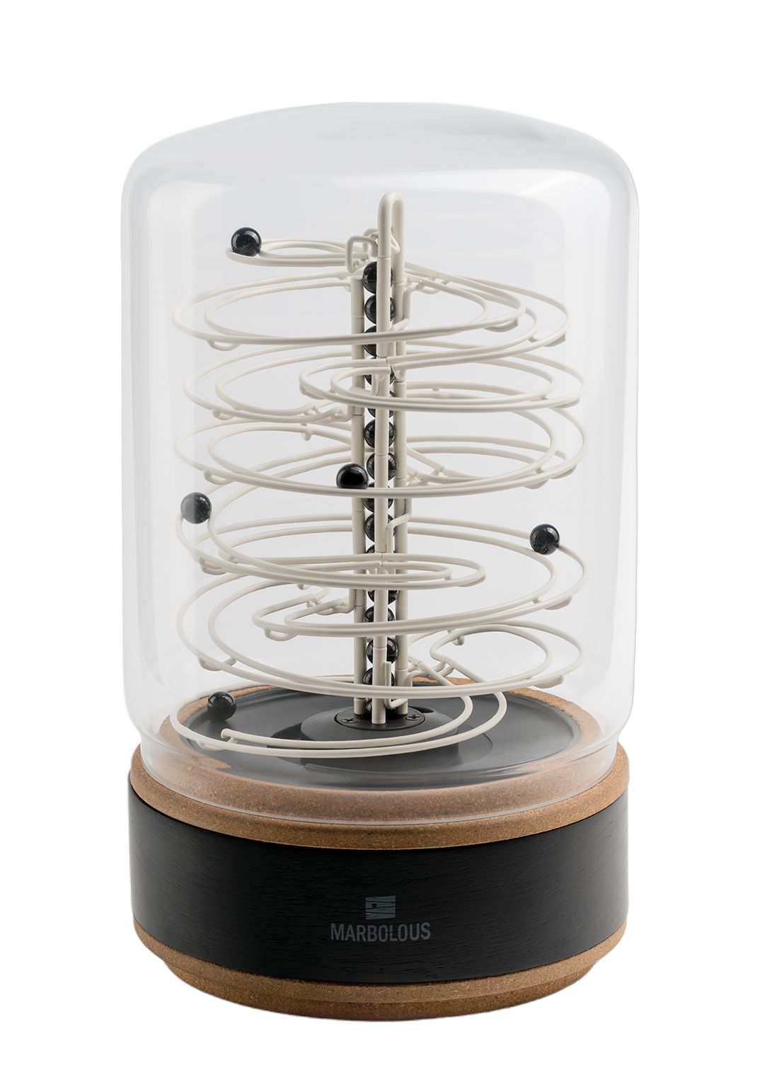 ElectRoll Classic White Kugelbahn unter Glasglocke, ein kinetisches Kunstobjekt mit USB-C Anschluss.