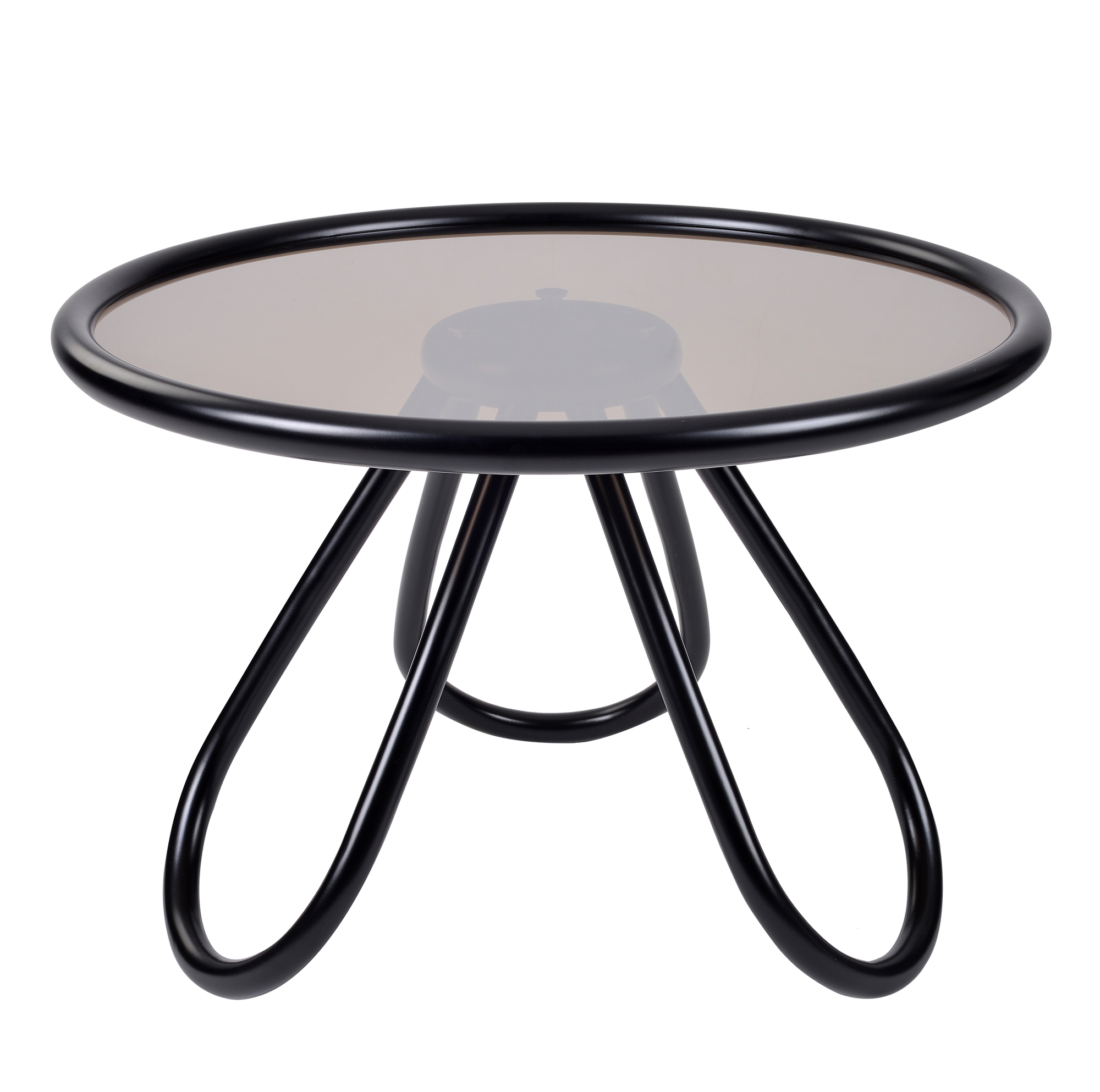 Schwarzer Arch Couchtisch von Wiener GTV Design mit runder Glasplatte und gebogenem Metallgestell.