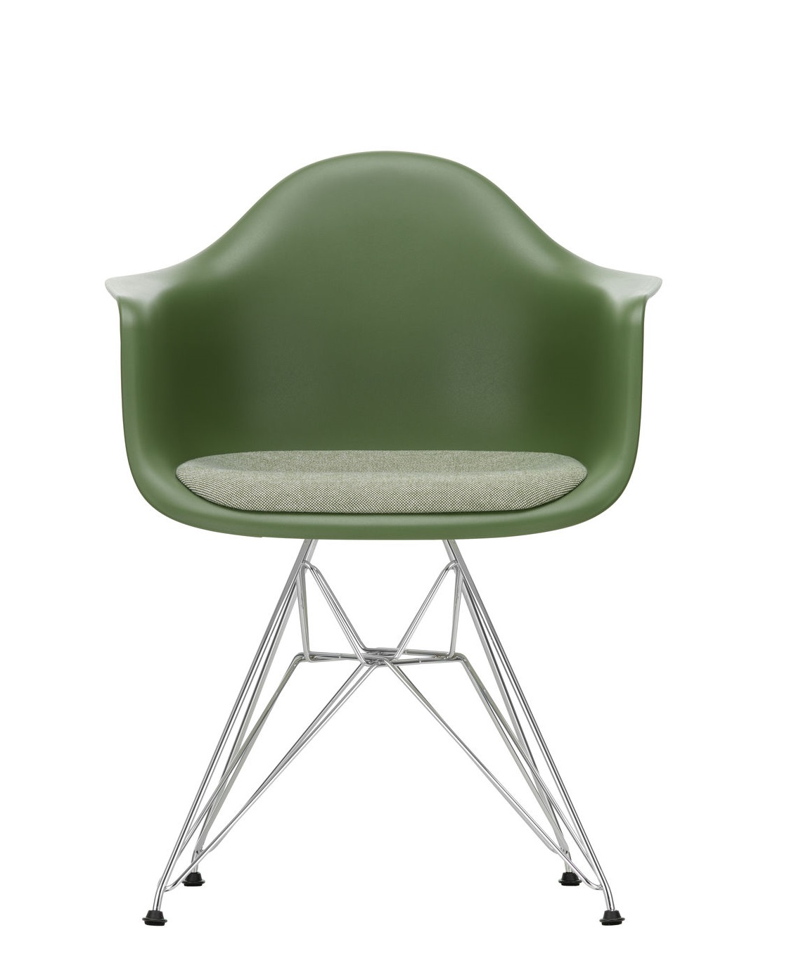 Grüner Eames Plastic Arm Chair DAR mit Sitzpolster und verchromtem Drahtgestell von Vitra.