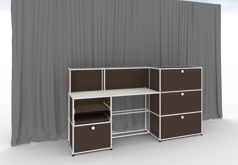 Brauner USM Haller E Arbeitsplatz mit Regalen und Schubladen, modernes modulares Büromöbel.