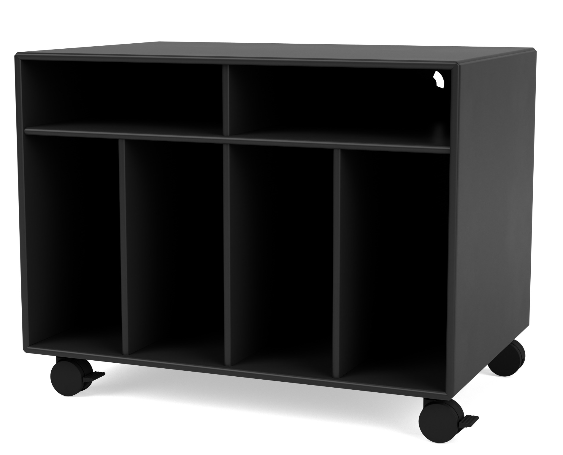 Schwarzes Montana Schallplattenregal "Spin I" auf Rollen zur Aufbewahrung von Vinyl-Schallplatten.