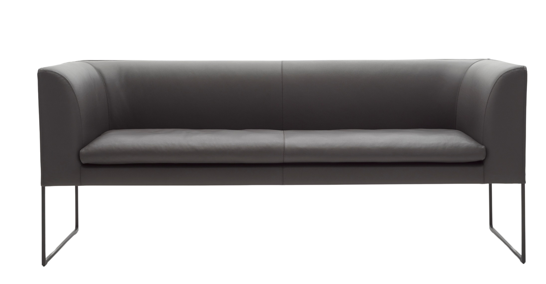 Graue Mell Polsterbank von Cor mit Lederbezug und filigranem Metallgestell, Frontansicht.