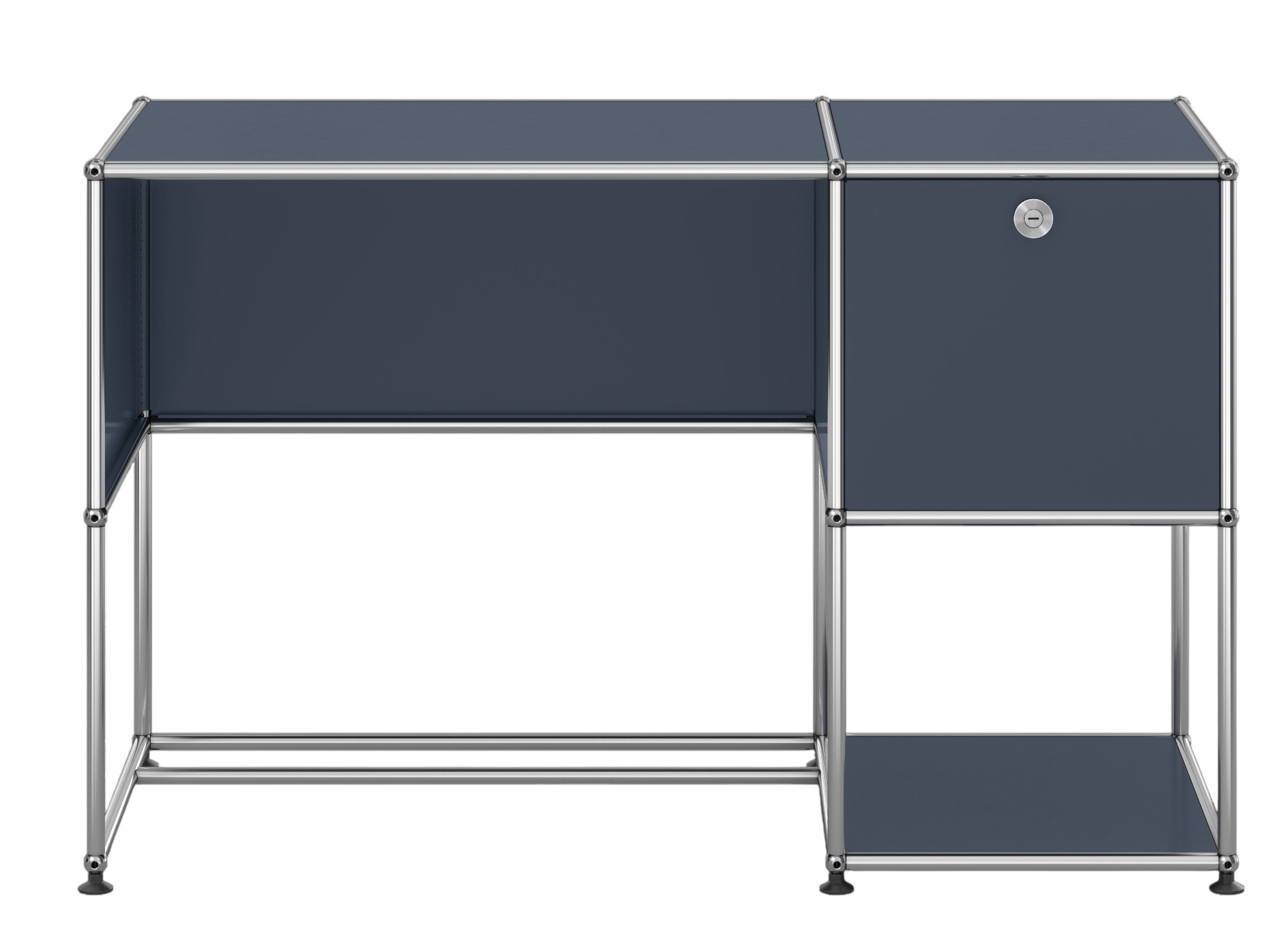 USM Haller Schreibtisch in Anthrazitgrau mit integriertem Schubladenelement und verchromtem Gestell für modernes Bürodesign.