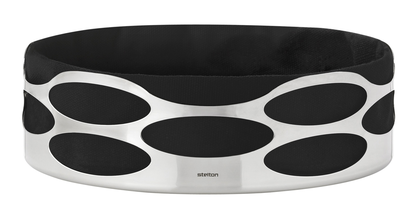 Stelton Embrace Brottasche mit schwarzem Stoffeinsatz und Edelstahl-Design, moderne Brotaufbewahrung für Tisch und Küche.