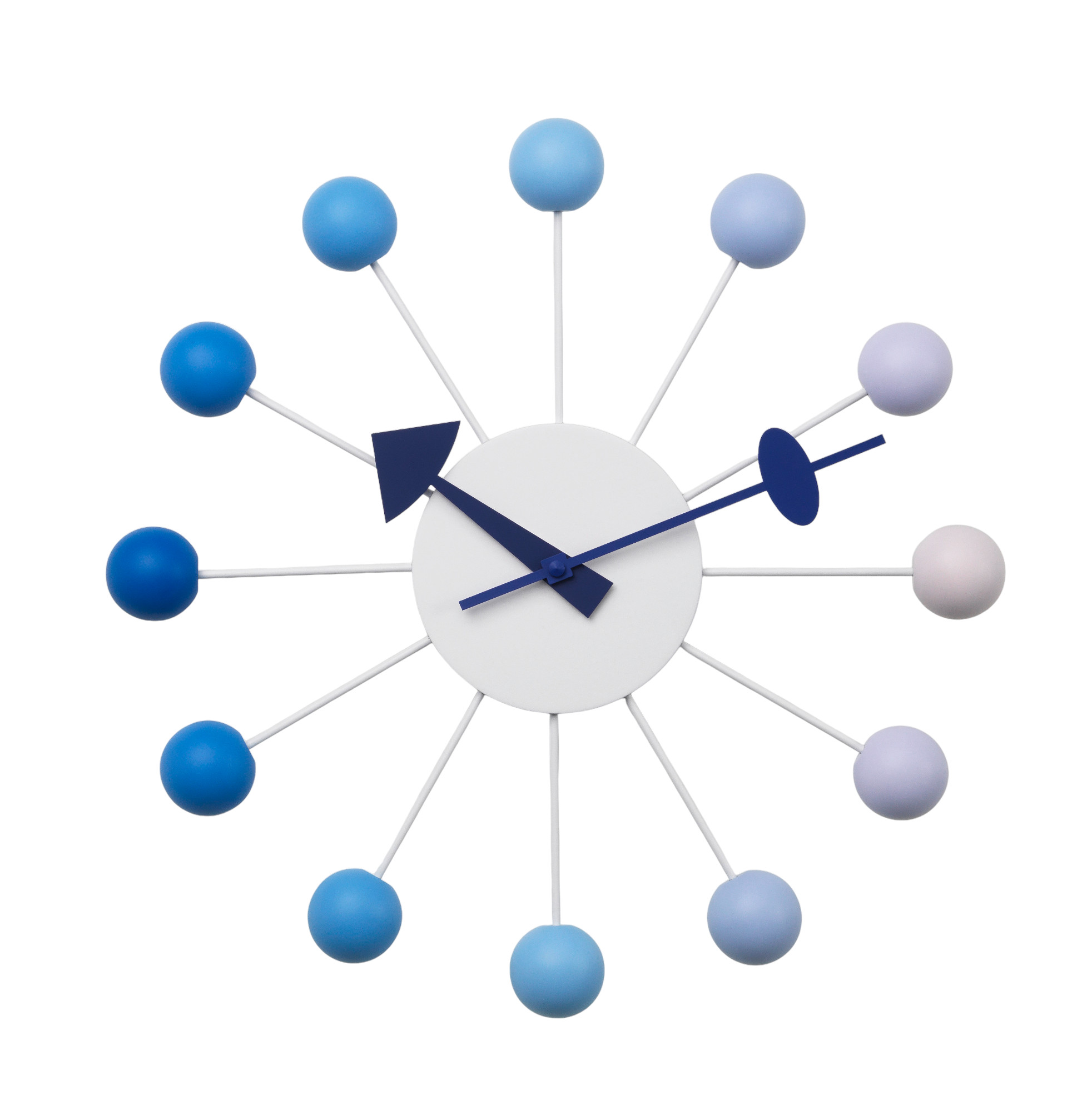 Vitra Ball Clock Wanduhr Dawn Limited Edition mit blauen Kugeln und Zeigern.