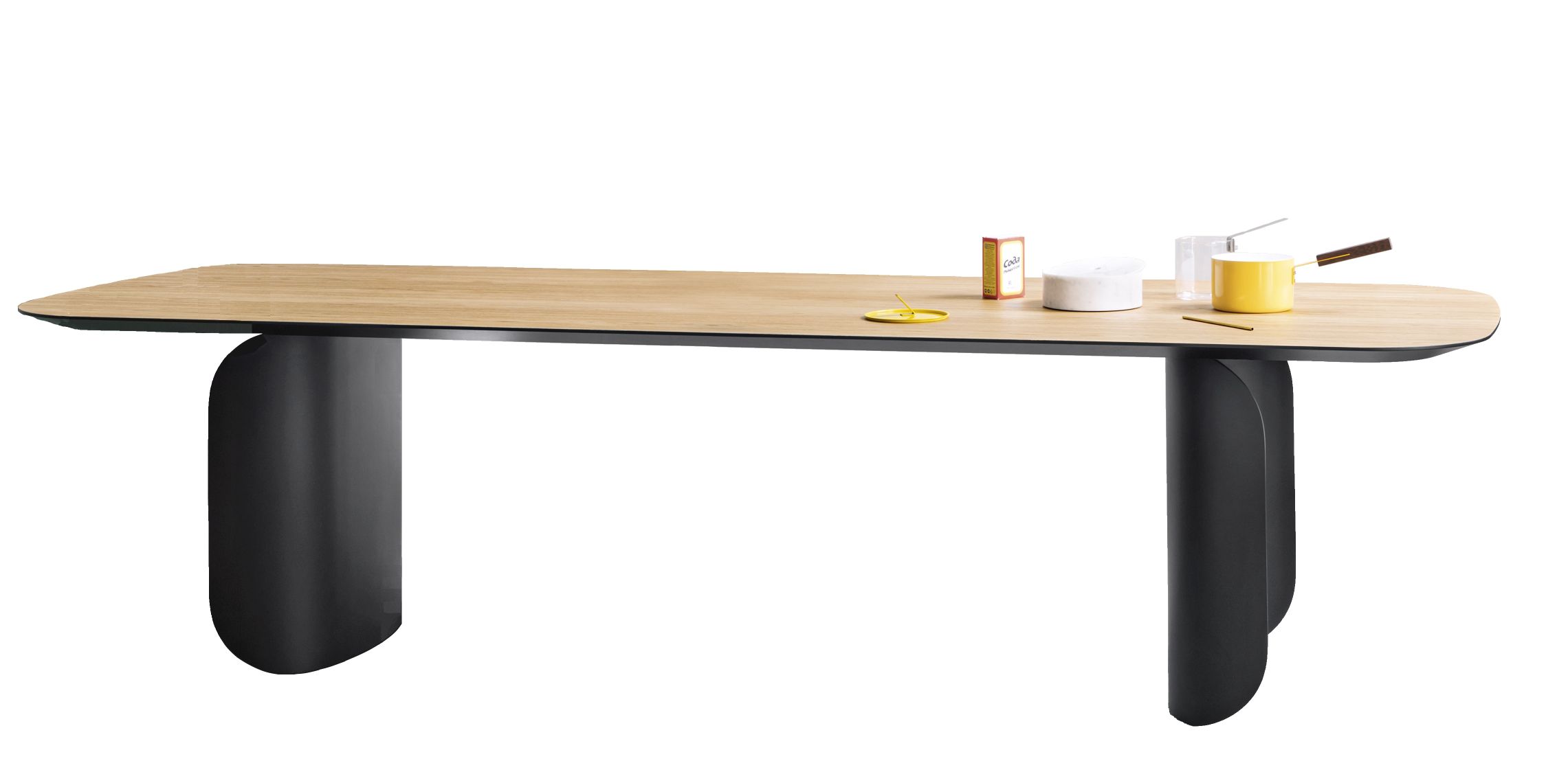 Barry Tisch mit Tischplatte in geflammter Eiche und schwarzen, abgerundeten Beinen von Miniforms.