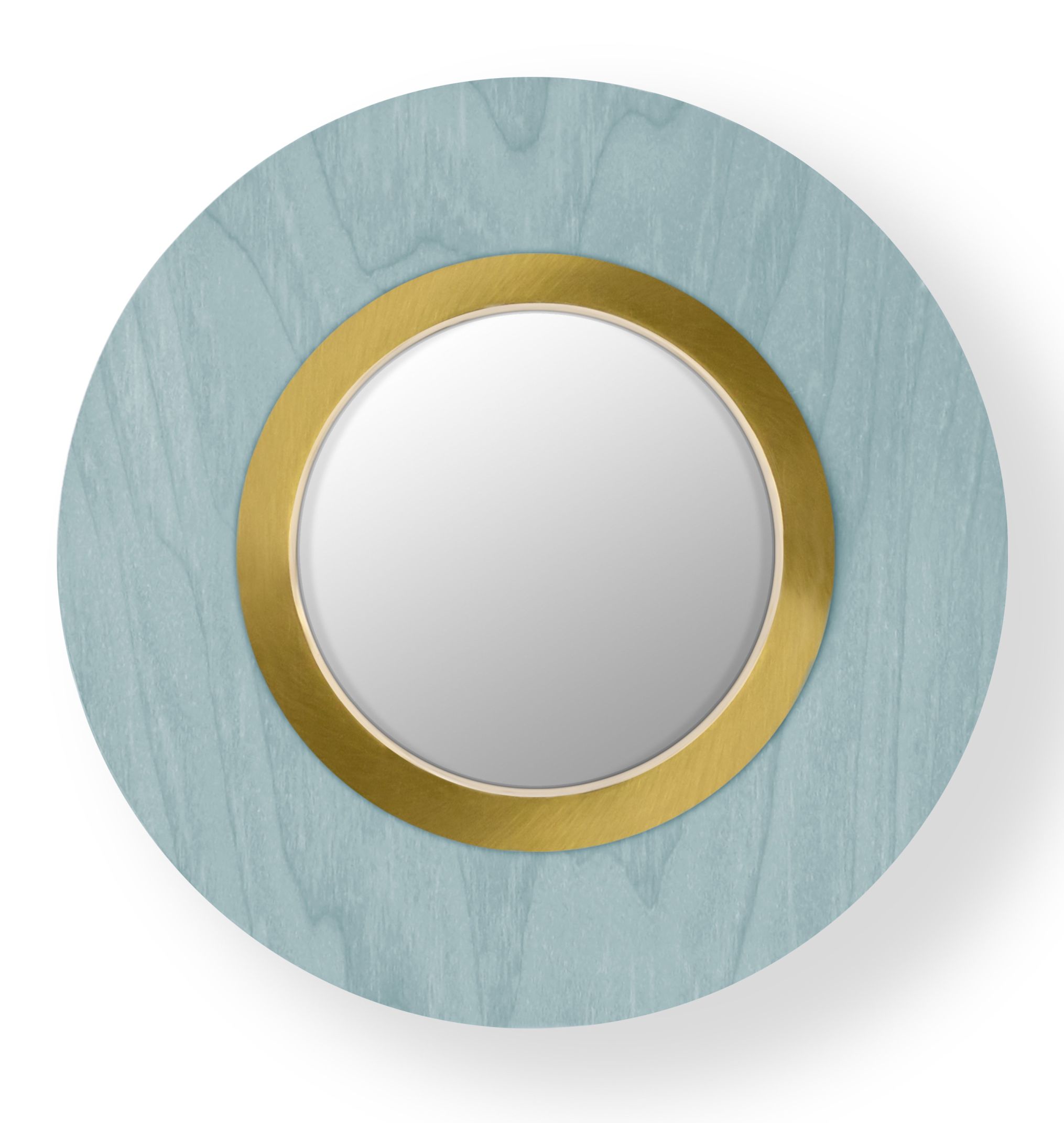 Lens LED Wandleuchte von LZF Lamps: Runde, meeresblaue Leuchte mit goldenem Metallring.