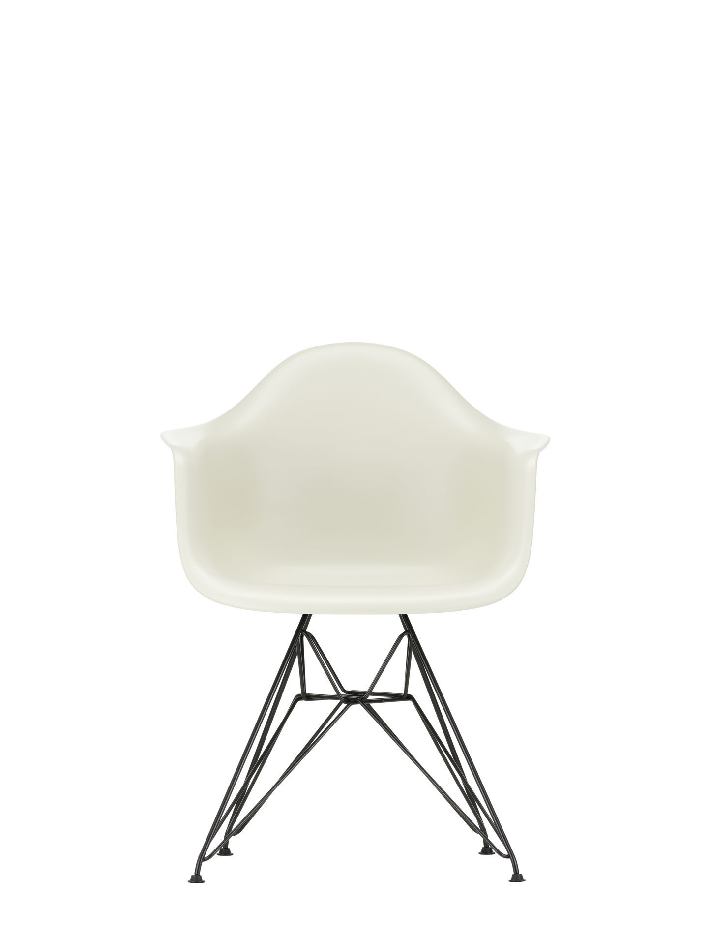 Eames Plastic Arm Chair, hellgraue Sitzschale mit schwarzem Eiffelturm-Untergestell, Vitra Design Stuhl.