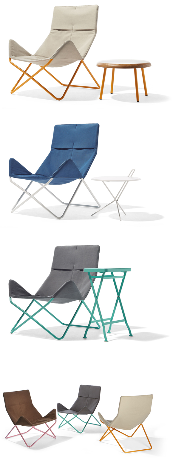 Richard Lampert In-Out Sessel Indoor: Verschiedene Farben des modernen Falt-Sessels mit passenden Beistelltischen.