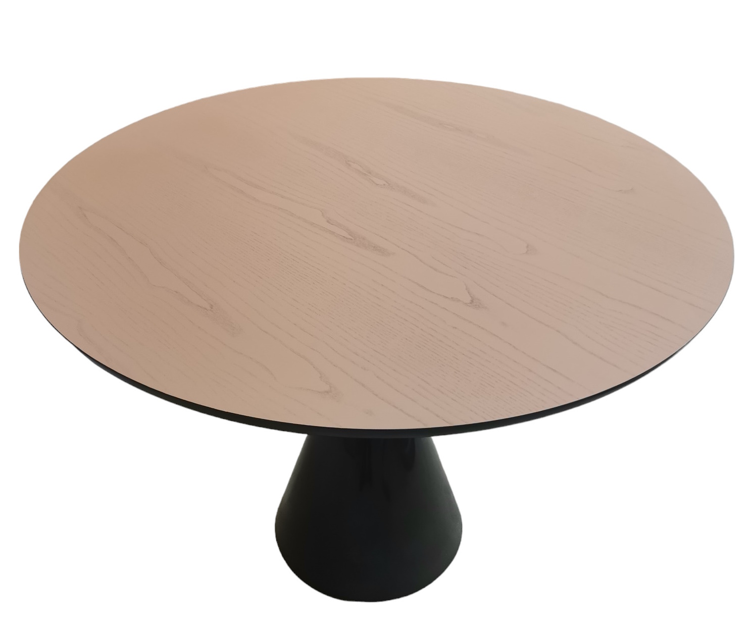 Runder Pion Esstisch mit heller Tischplatte und schwarzem Fuß, modernes Design.