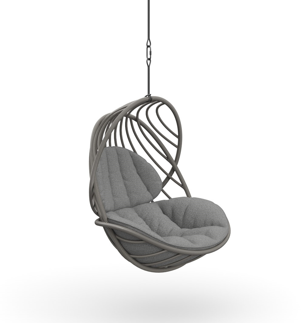Kida Hängesessel von Dedon mit grauer Polsterung, schwebend an einer Kette. Bequemer Outdoor-Sessel.