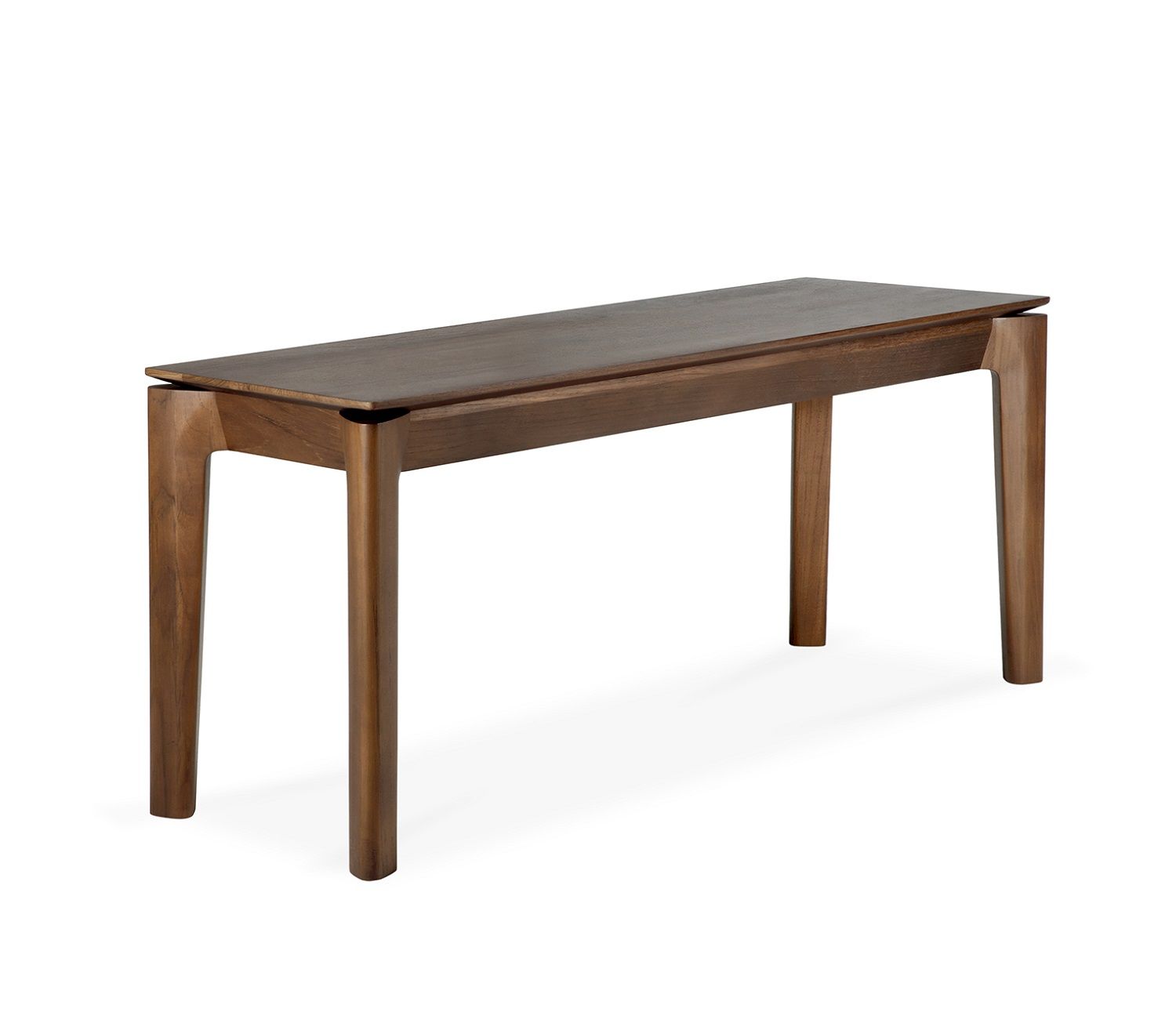 Dunkelbraune Ethnicraft Bok Bank aus Teakholz, modernes Design mit schlanken Beinen.