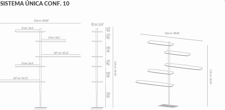 Technische Zeichnung des schwarzen Nomon Única Collection Regalsystems mit Maßangaben und verschiedenen Ansichten.