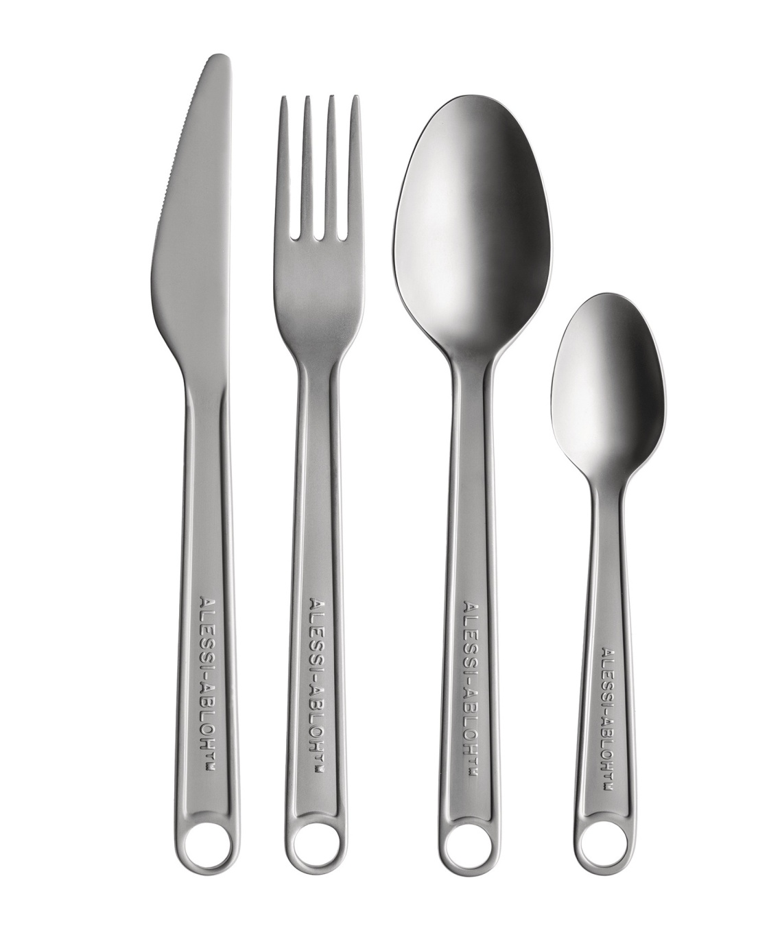 Alessi Besteckgarnitur, VA02S4 Conversational Objects, Messer, Gabel, Löffel und Teelöffel aus Edelstahl auf weißem Hintergrund.