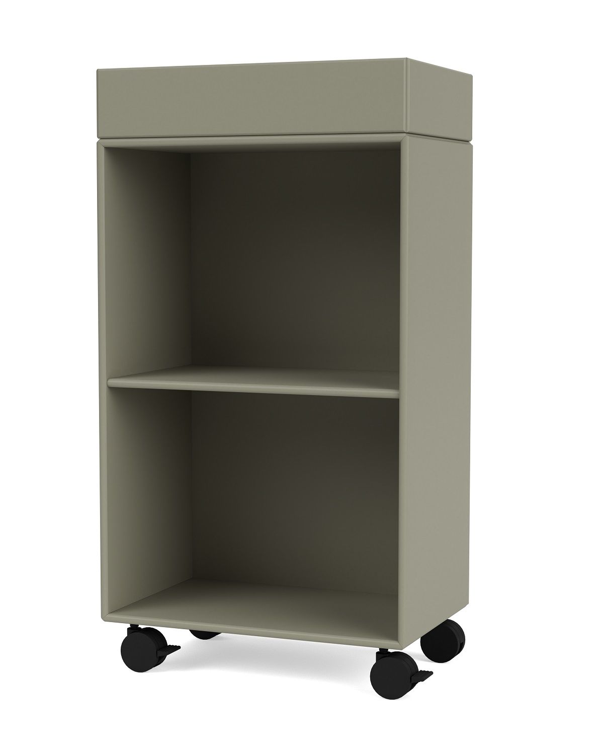 PREPPY Wagen: Grauer Rollwagen mit zwei offenen Fächern für Büro oder Wohnraum.