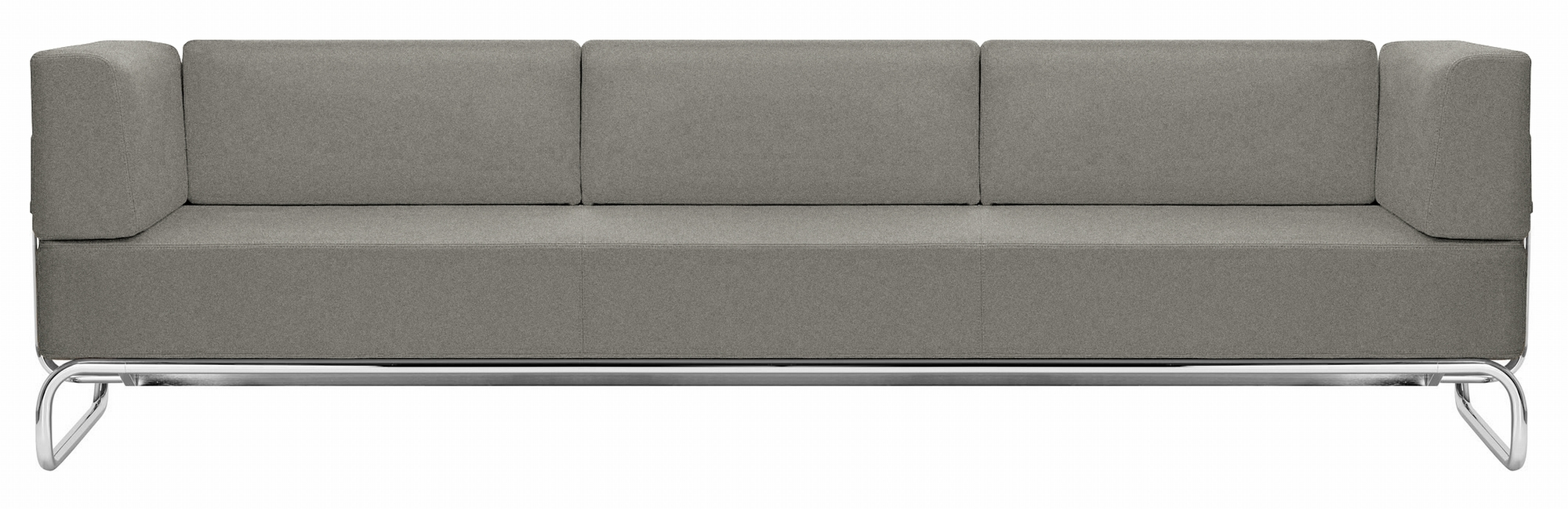 Graues Thonet Sofa S 5003 mit drei Sitzen und verchromtem Stahlrohrgestell für modernes Wohnen.