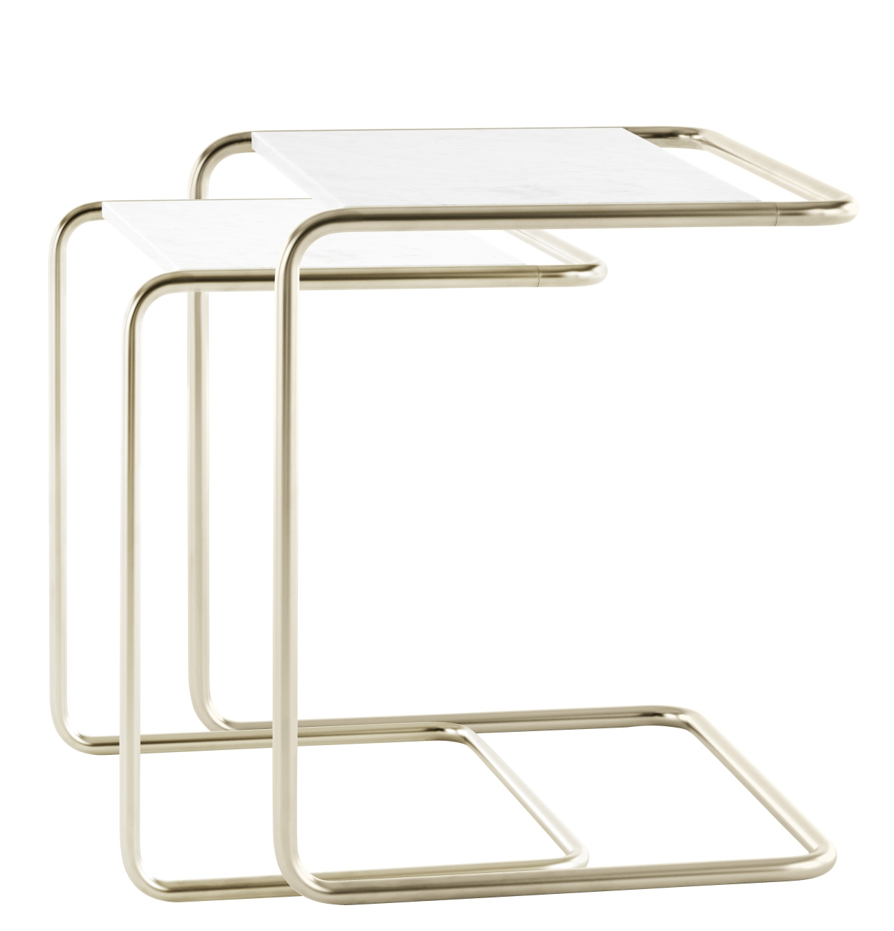 Zwei JS. Thonet B97 Beistelltische, minimalistisches Design mit weißer Tischplatte und verchromtem Stahlrohrgestell.