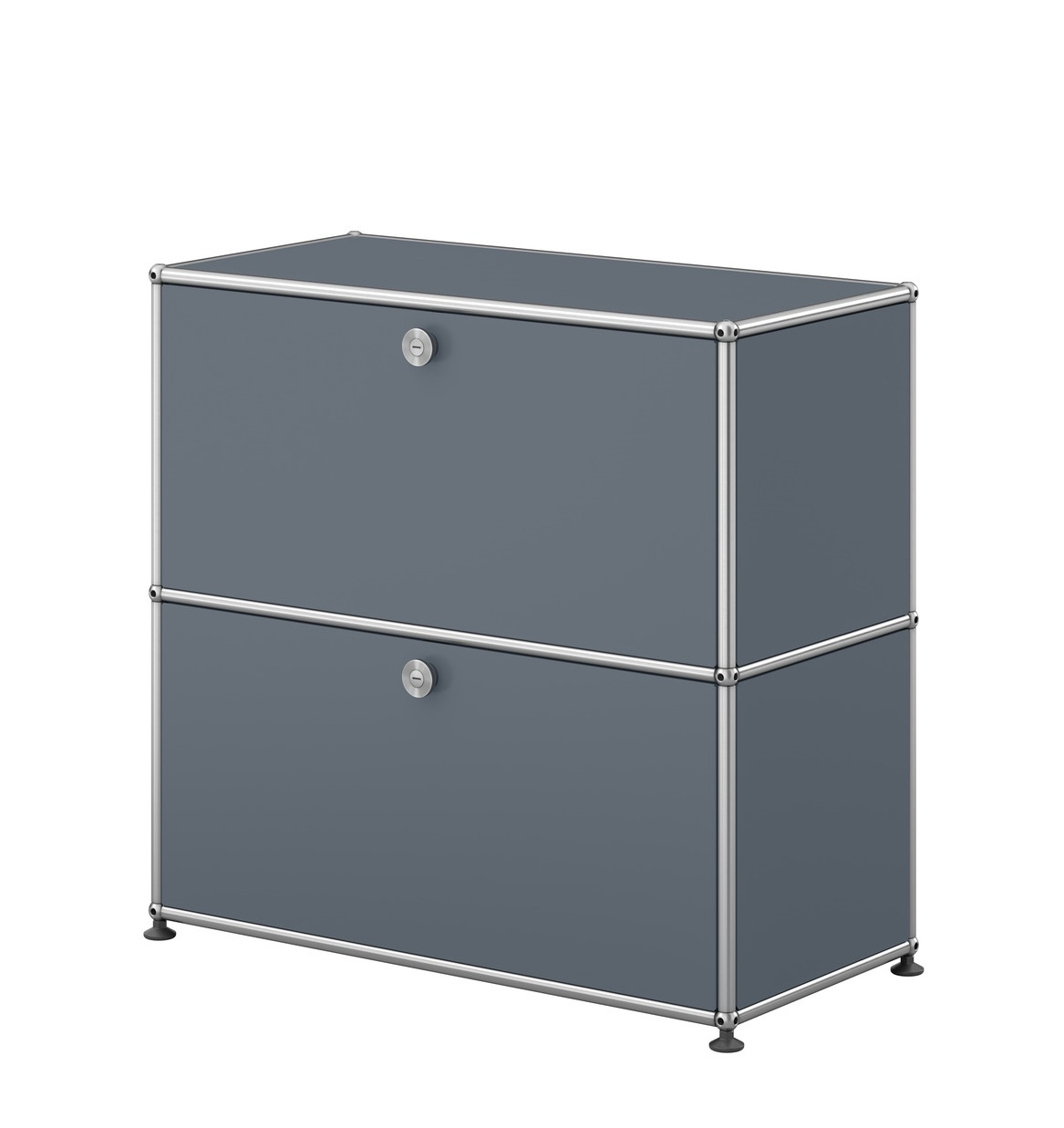 USM Haller Sideboard klein in Mittelgrau mit zwei abschließbaren Fächern und verchromtem Gestell.