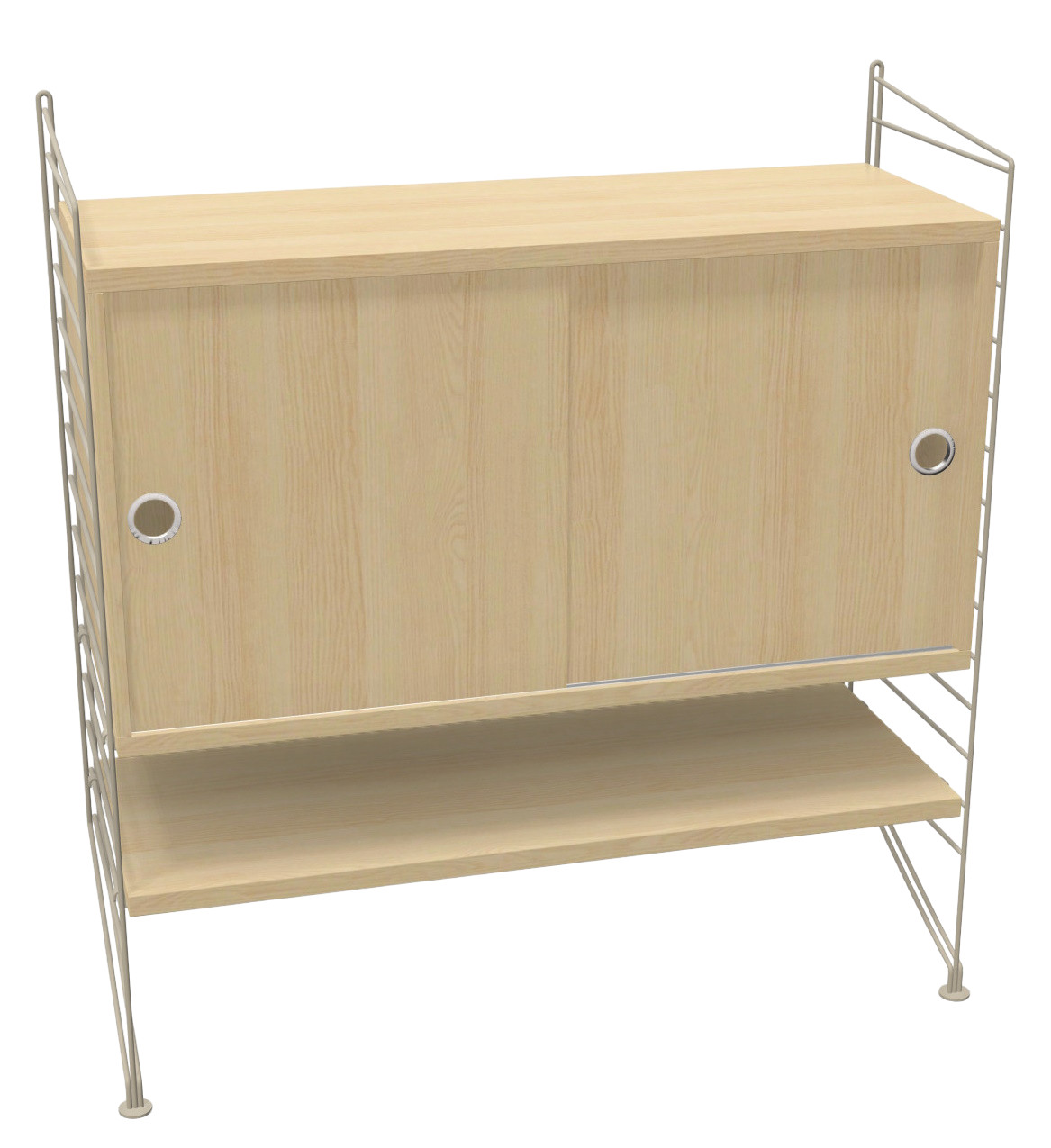 String Furniture Regalsystem mit Schiebetüren und einem Regalboden in hellem Holz.