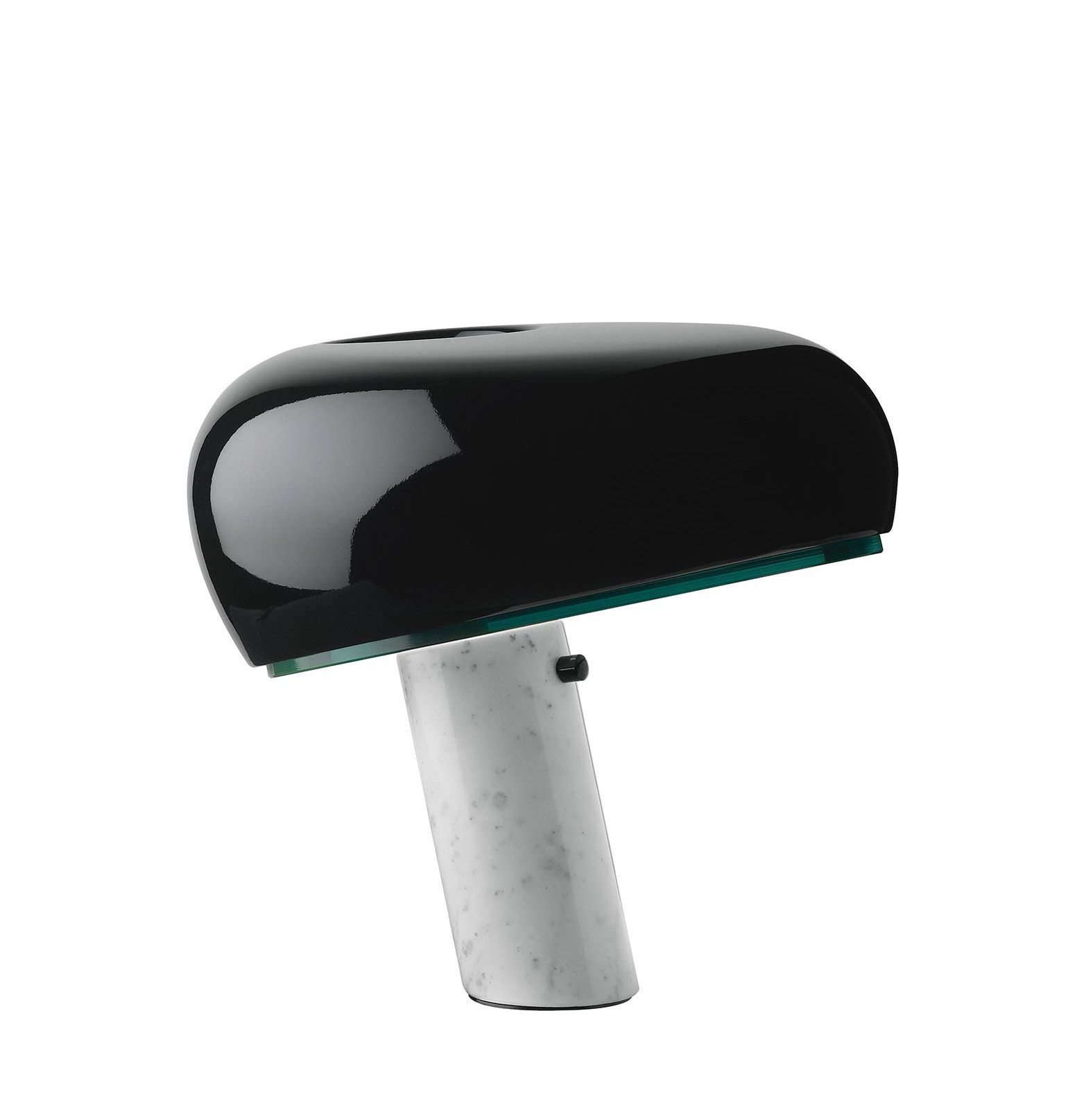 Snoopy Tischleuchte von Flos mit schwarzem Lampenschirm und Marmorfuß. Design Tischlampe.