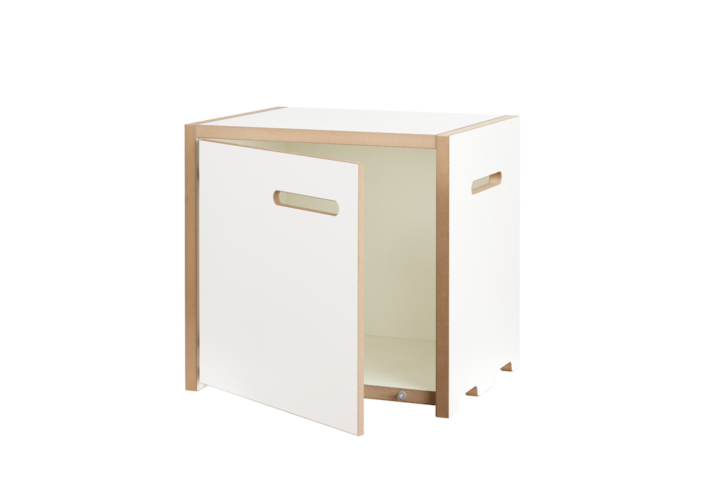 Tojo Halbstark Regal Grundmodul mit Tür links, weißes Holzregal mit Grifföffnung, modernes Stauraum-System.