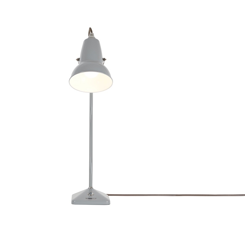 Graue Anglepoise Original 1227 Mini Tischleuchte, moderne Schreibtischlampe für Büro und Zuhause.