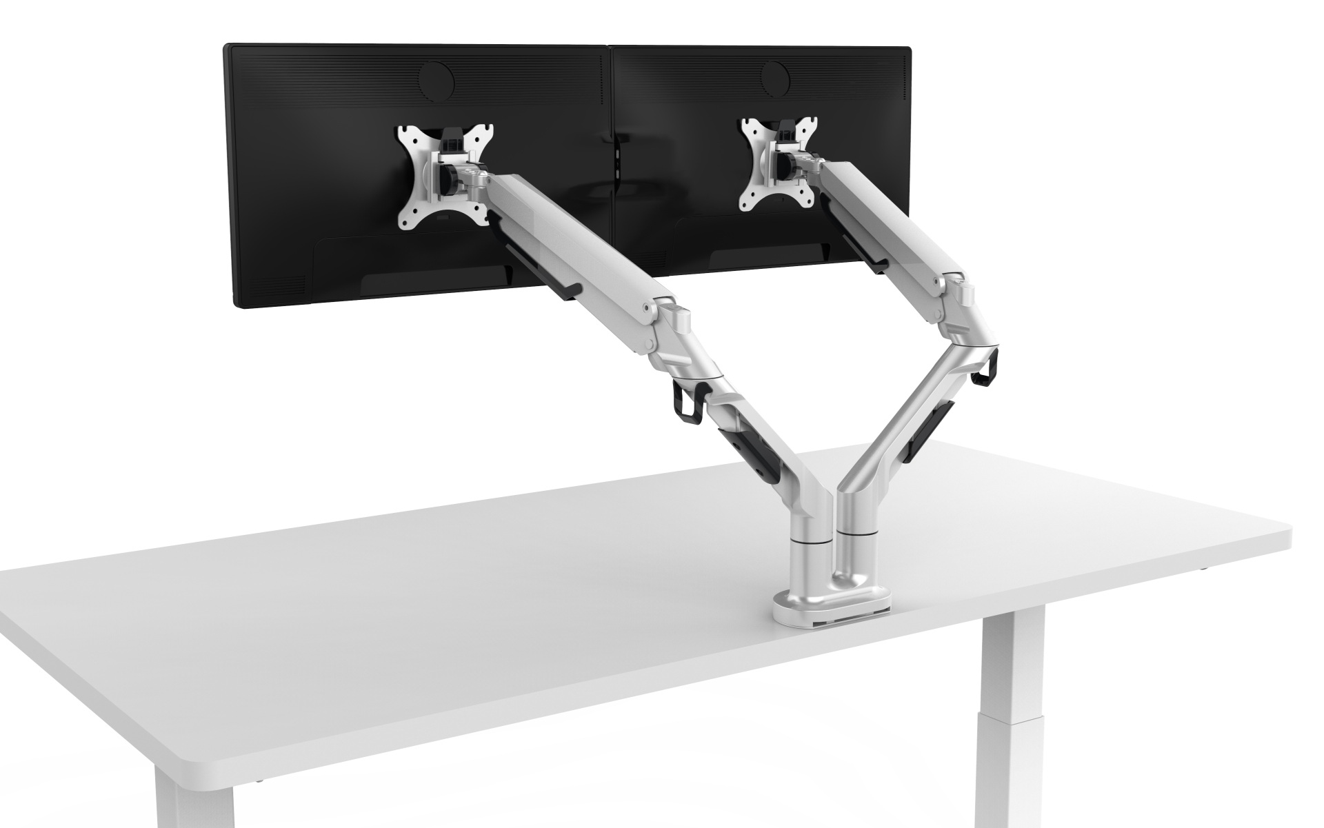 Weißer Monitor Schwenkarm für zwei Bildschirme auf einem weißen Schreibtisch, flexible Monitorhalterung für ergonomisches Arbeiten.