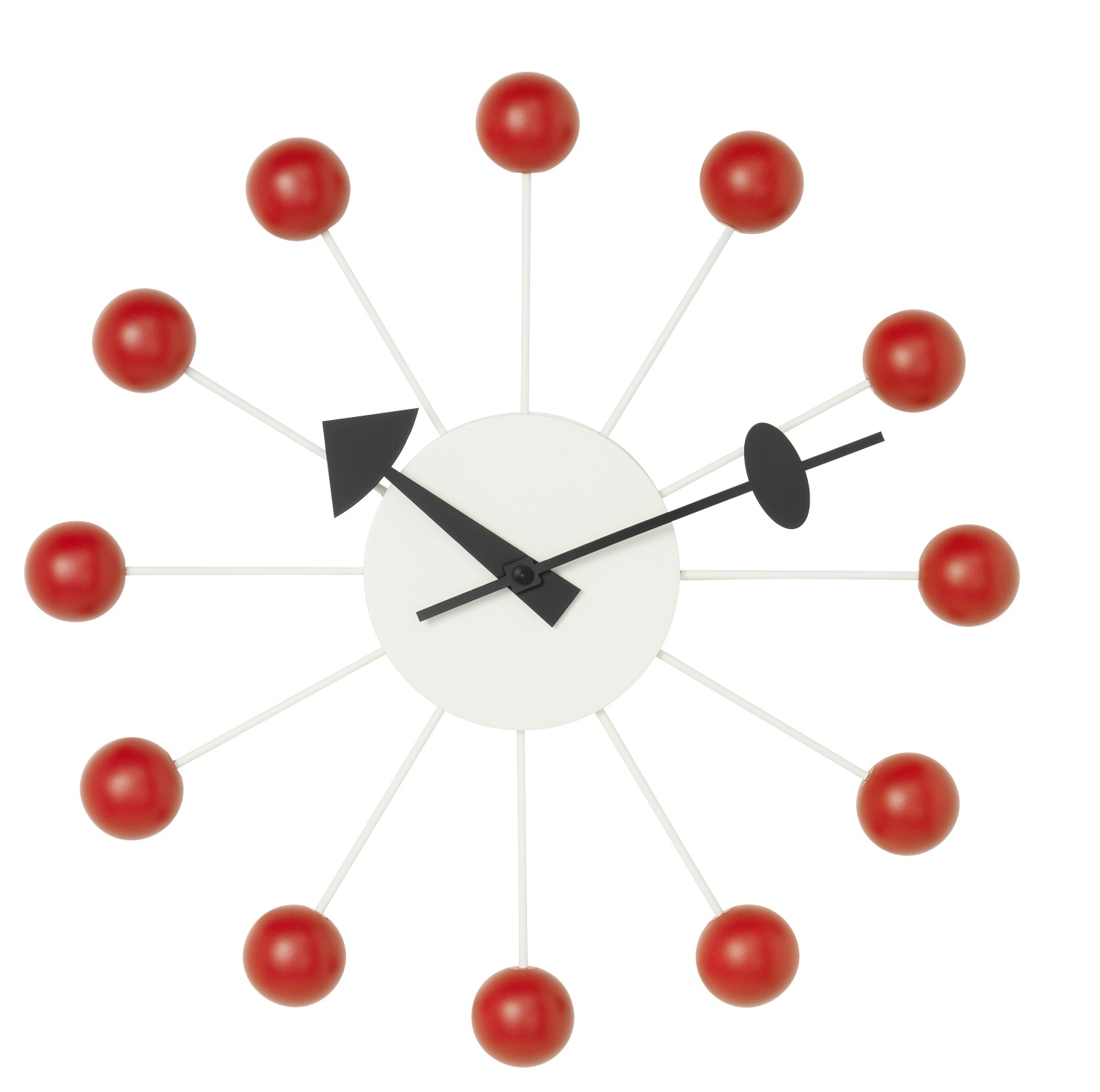 Rote Ball Clock Wanduhr von Vitra: Design Wanduhr mit roten Kugeln und schwarzen Zeigern.