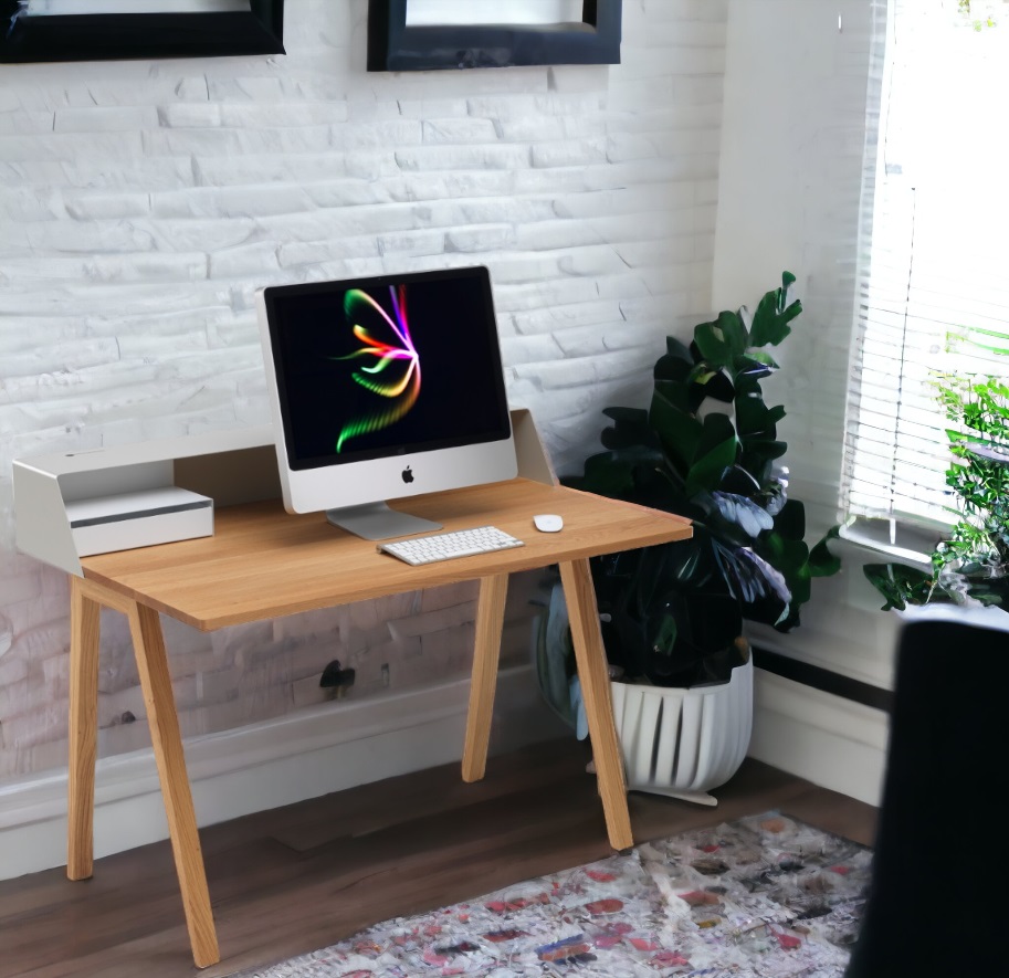 PS05 Sekretär von Müller Möbelfabrikation: Schreibtisch mit Eichenholzplatte und seidengrauen Elementen, ideal für Homeoffice.