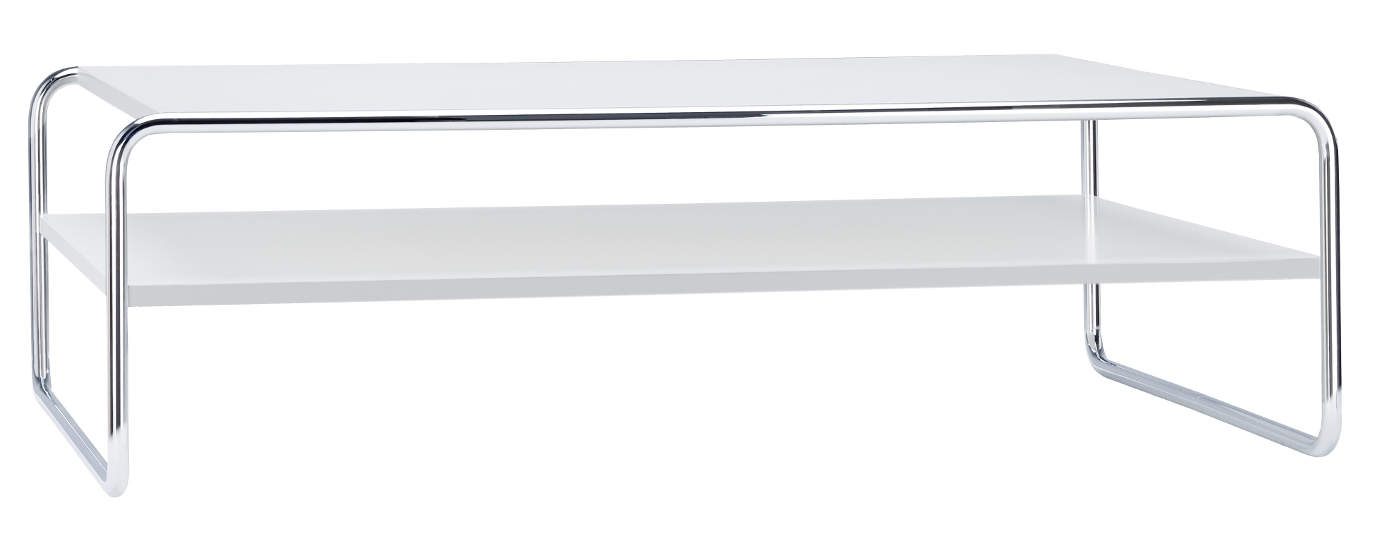 Weißer B 20 b/1 Thonet Couchtisch mit Fachboden und verchromtem Stahlrohrgestell. Modernes Design für Wohnzimmer.