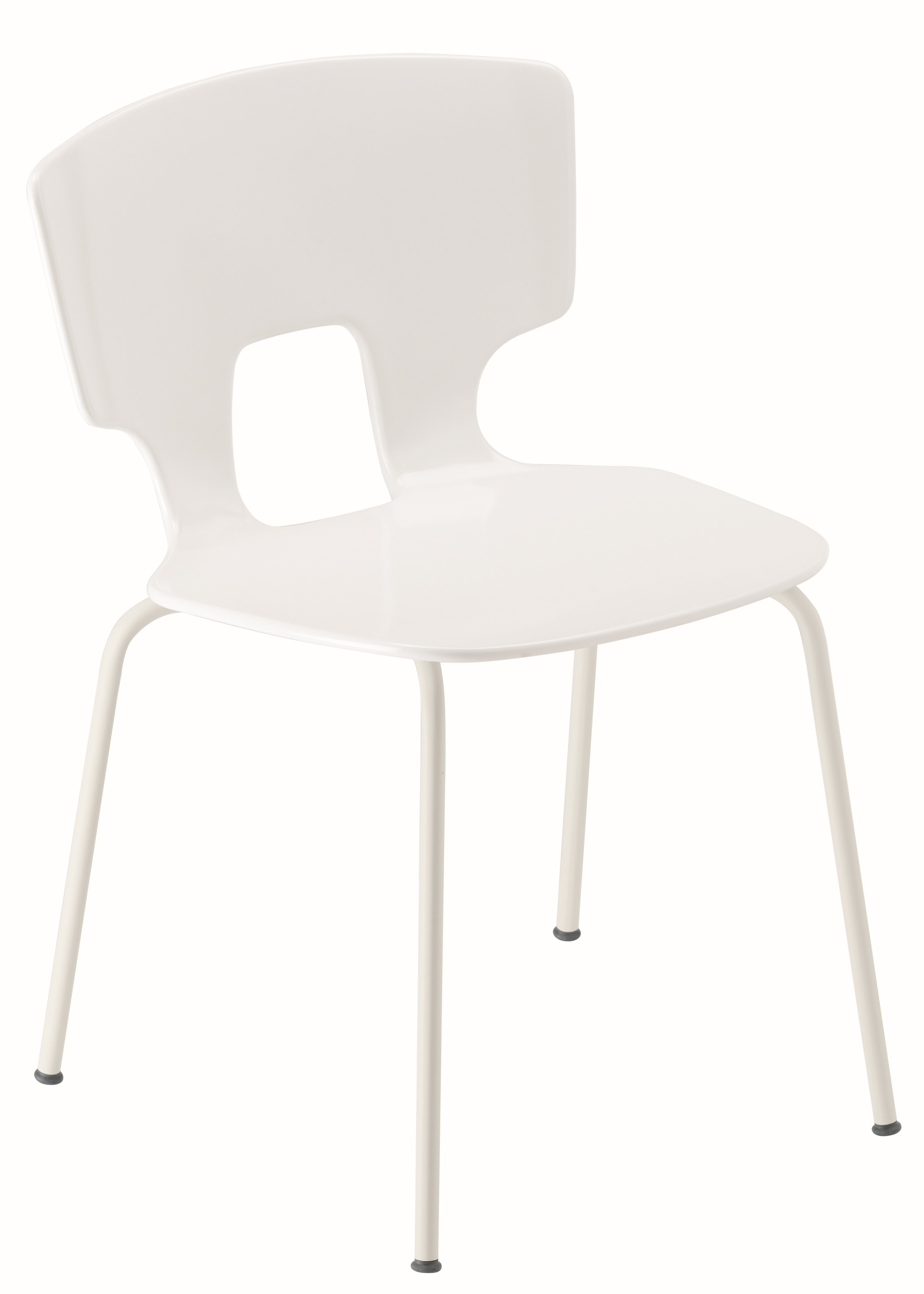 Weißer Erice Stuhl mit Loch in der Rückenlehne und vier Metallbeinen. Moderner Designstuhl.