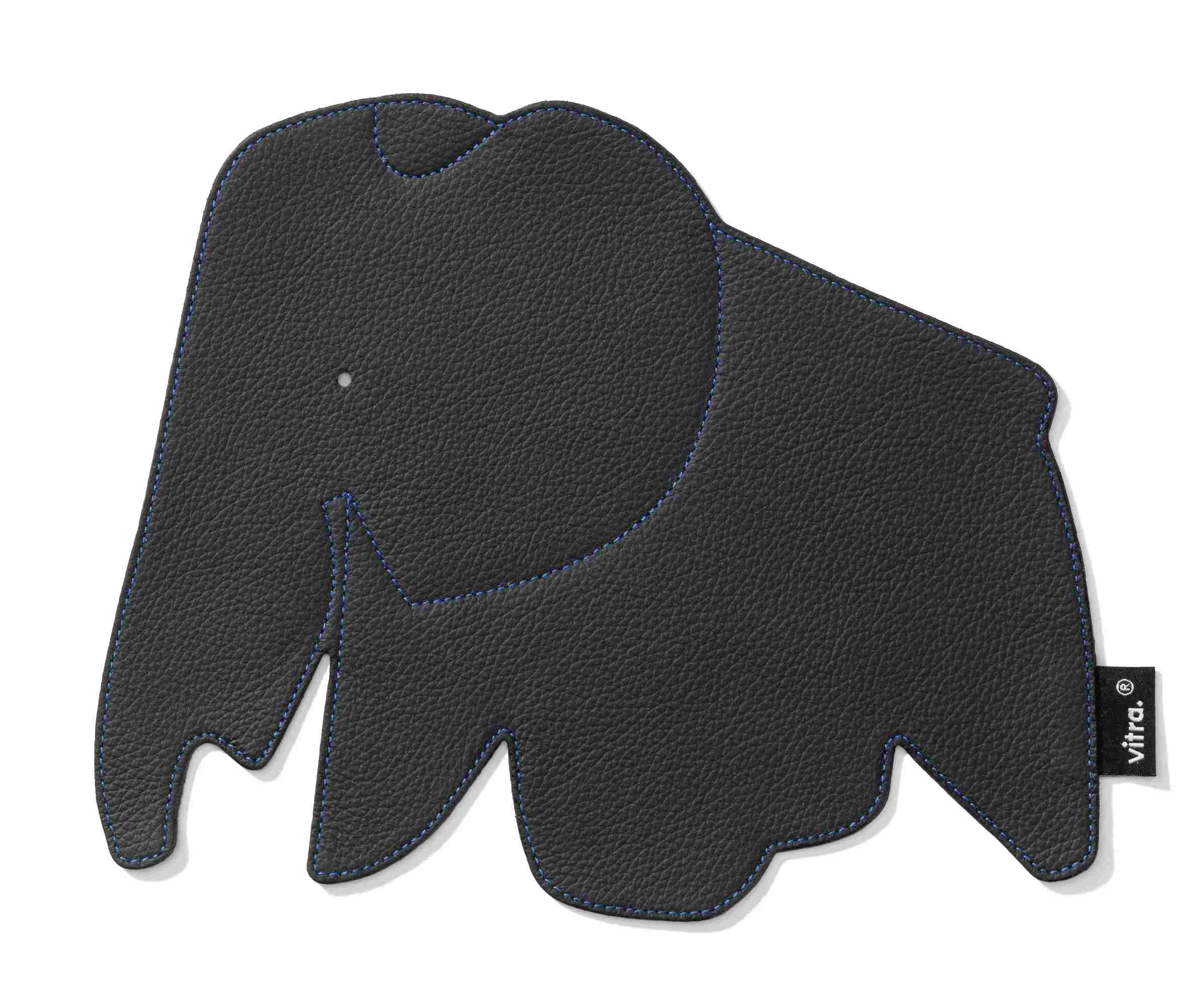 Schwarzes Elephant Pad Mousepad von Vitra in Elefantenform mit blauer Naht. Ergonomische Mausunterlage für Büro und Zuhause.