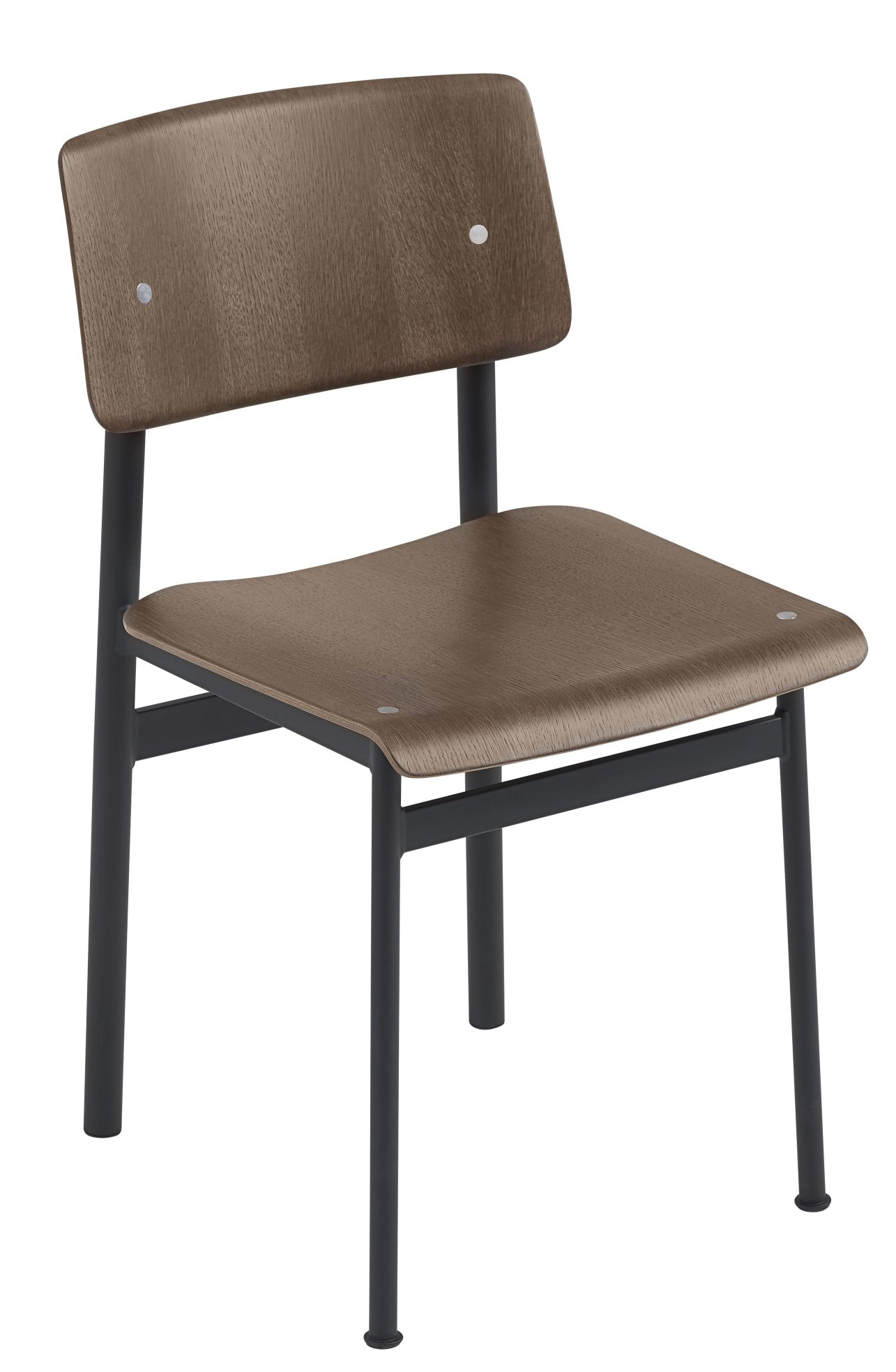 Muuto Loft Chair Stuhl mit brauner Holz-Sitzfläche und schwarzem Metallgestell. Moderner Esszimmerstuhl.