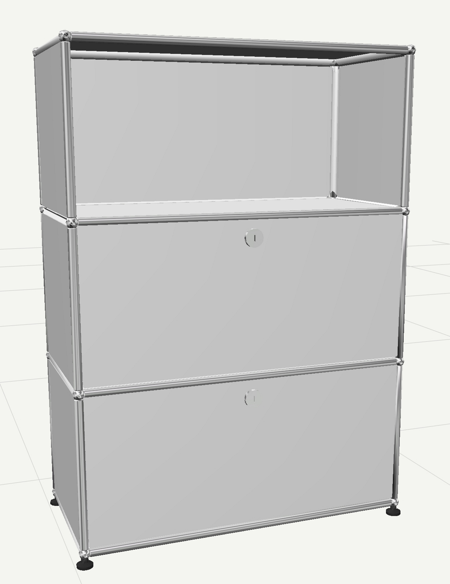 USM Haller Highboard mit zwei reinorangen Klappen und einem offenen Fach, modernes Designmöbel.