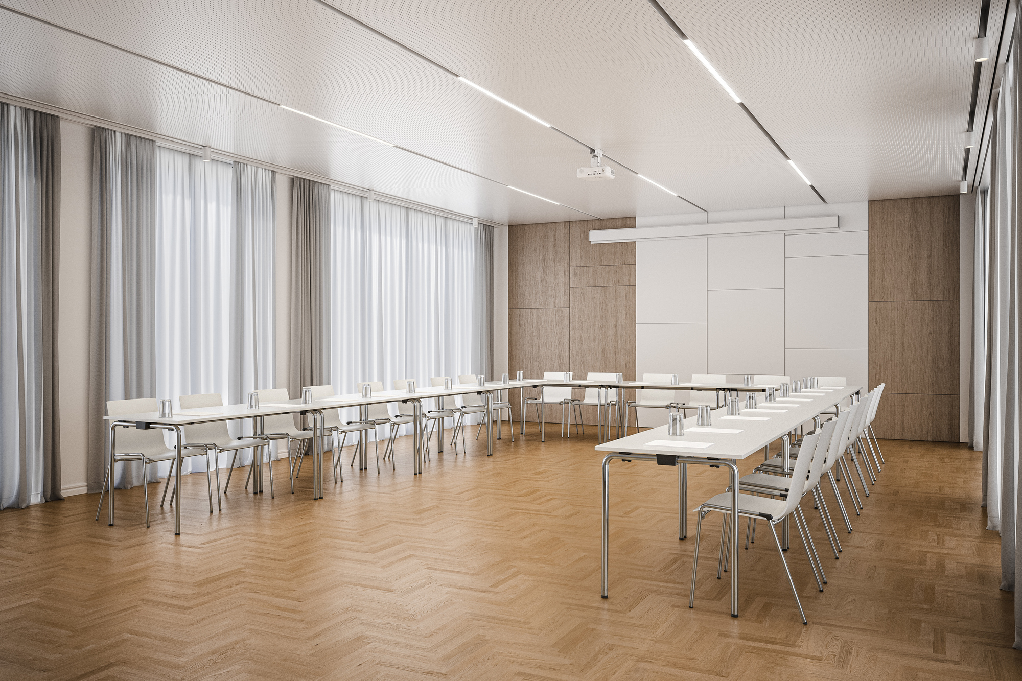 Konferenzraum mit U-förmig angeordneten, weißen Klapptischen vom Typ Thonet S 1196/1, 160 cm.