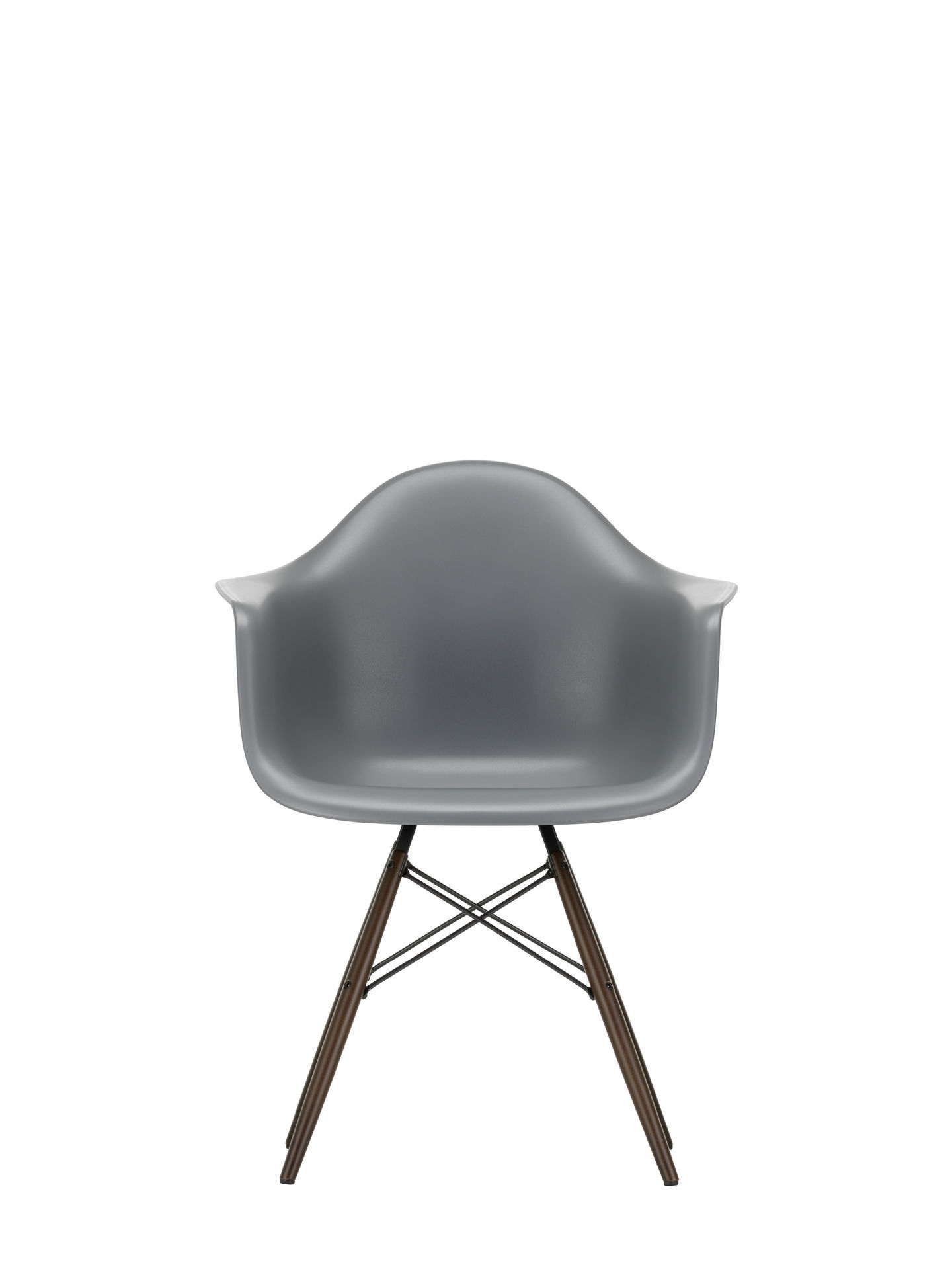 Vitra Eames Plastic Arm Chair DAW Stuhl in Meerblau mit Esche-Holzbeinen, Frontansicht.