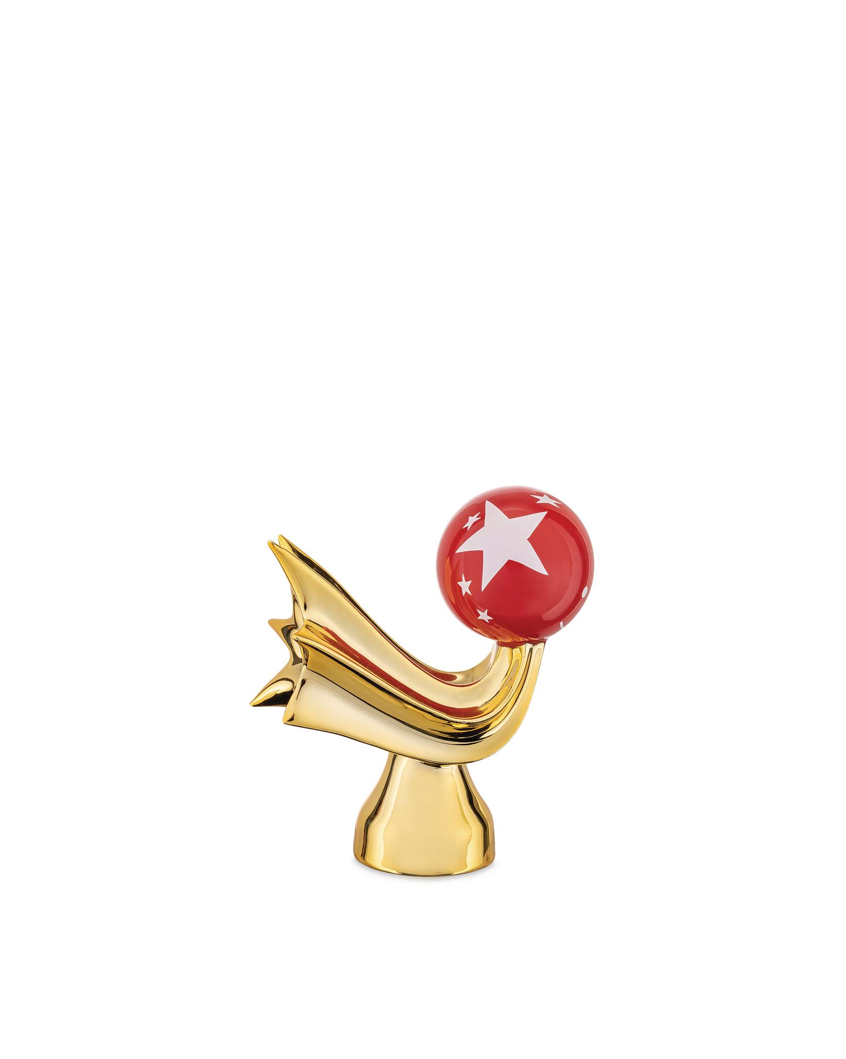 Alessi Stella Cometa Porzellanfigur: Goldene Kometenfigur mit roter Kugel und weißen Sternen. Dekorative Weihnachtsfigur.