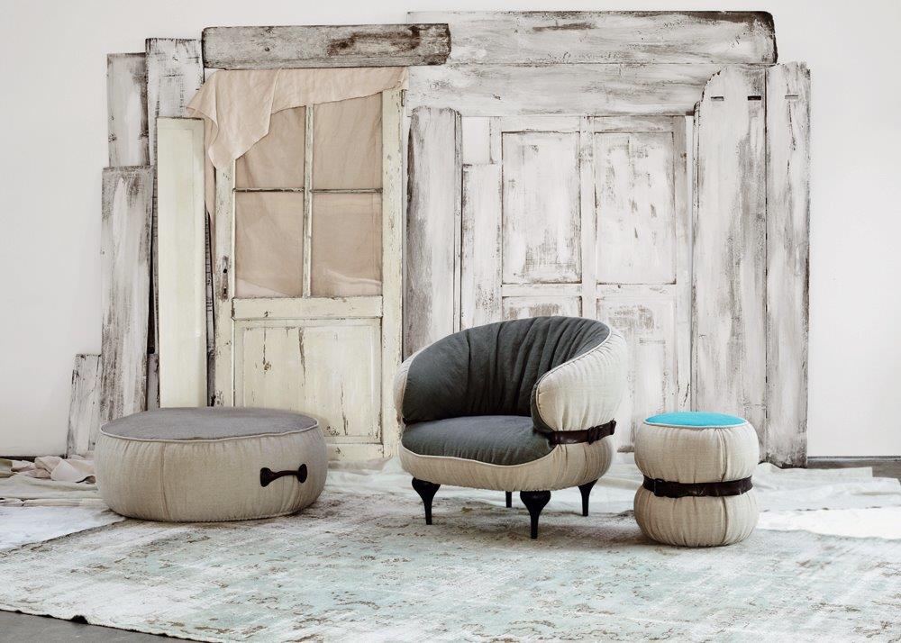 Chubby Chic Hocker von Moroso Diesel, runder Sitzhocker in Beige und Grau, modernes Möbeldesign.