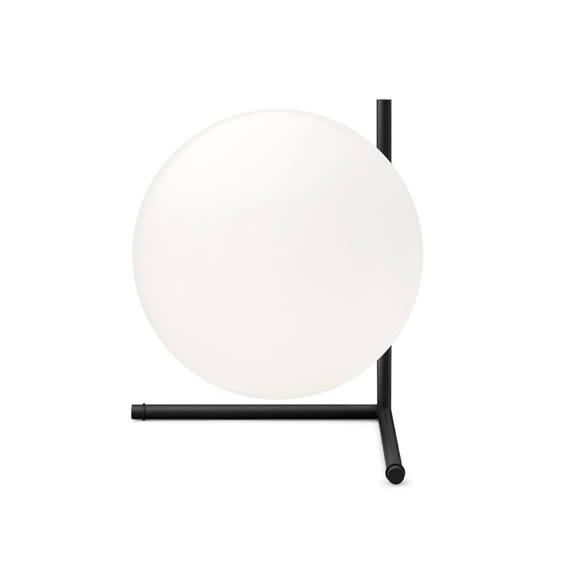 IC Lights T2 Tischleuchte von Flos: Moderne Tischlampe mit schwarzem Gestell und opalweißem Diffusor.