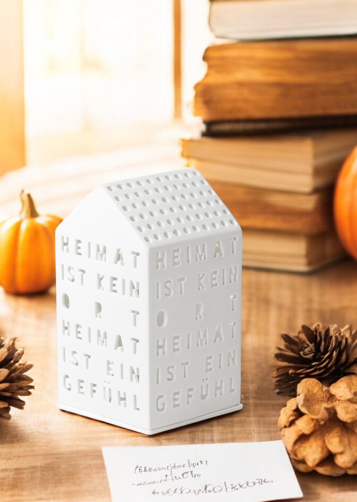 Weißes Lichthaus "Heimat ist kein Ort" von Räder mit Schriftzug und stimmungsvollem Licht.