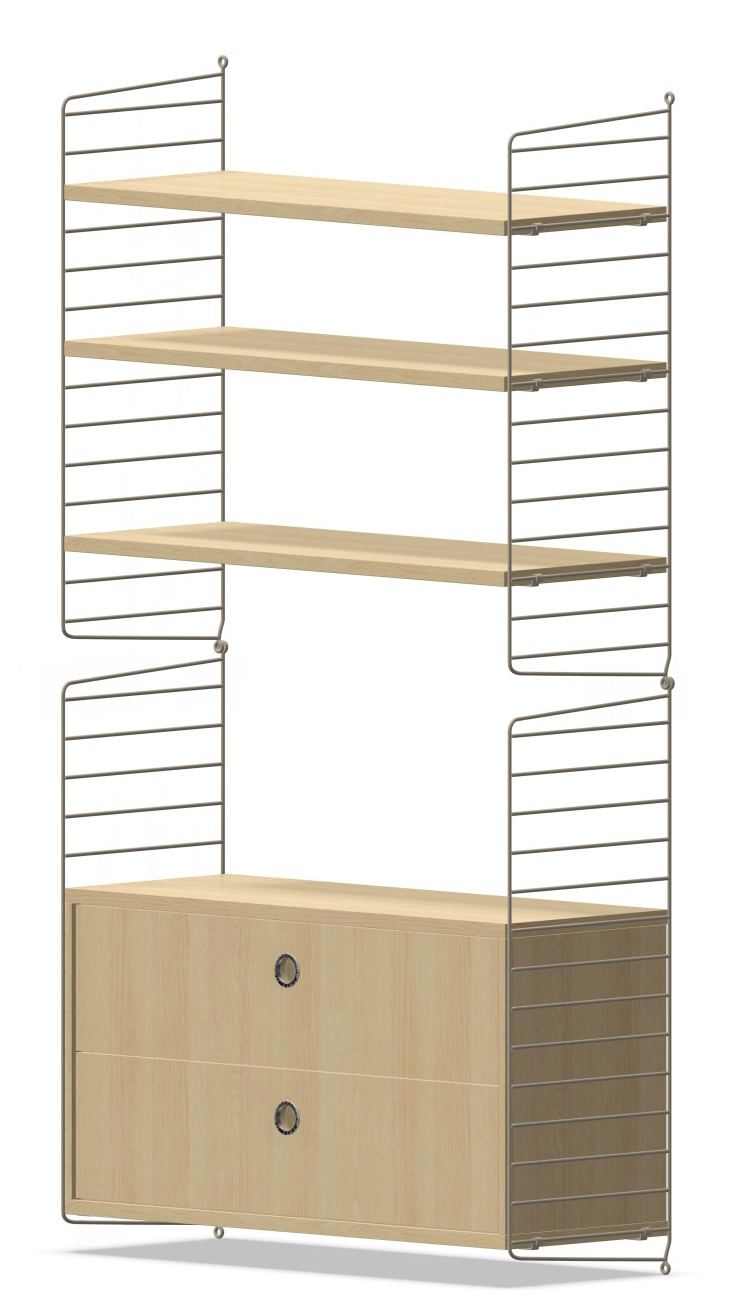 Arbeitsplatz KONFIGURATIONEN W3 String Furniture: Regalsystem mit hellen Holzregalen und Schubladenelement für Büro und Wohnraum.
