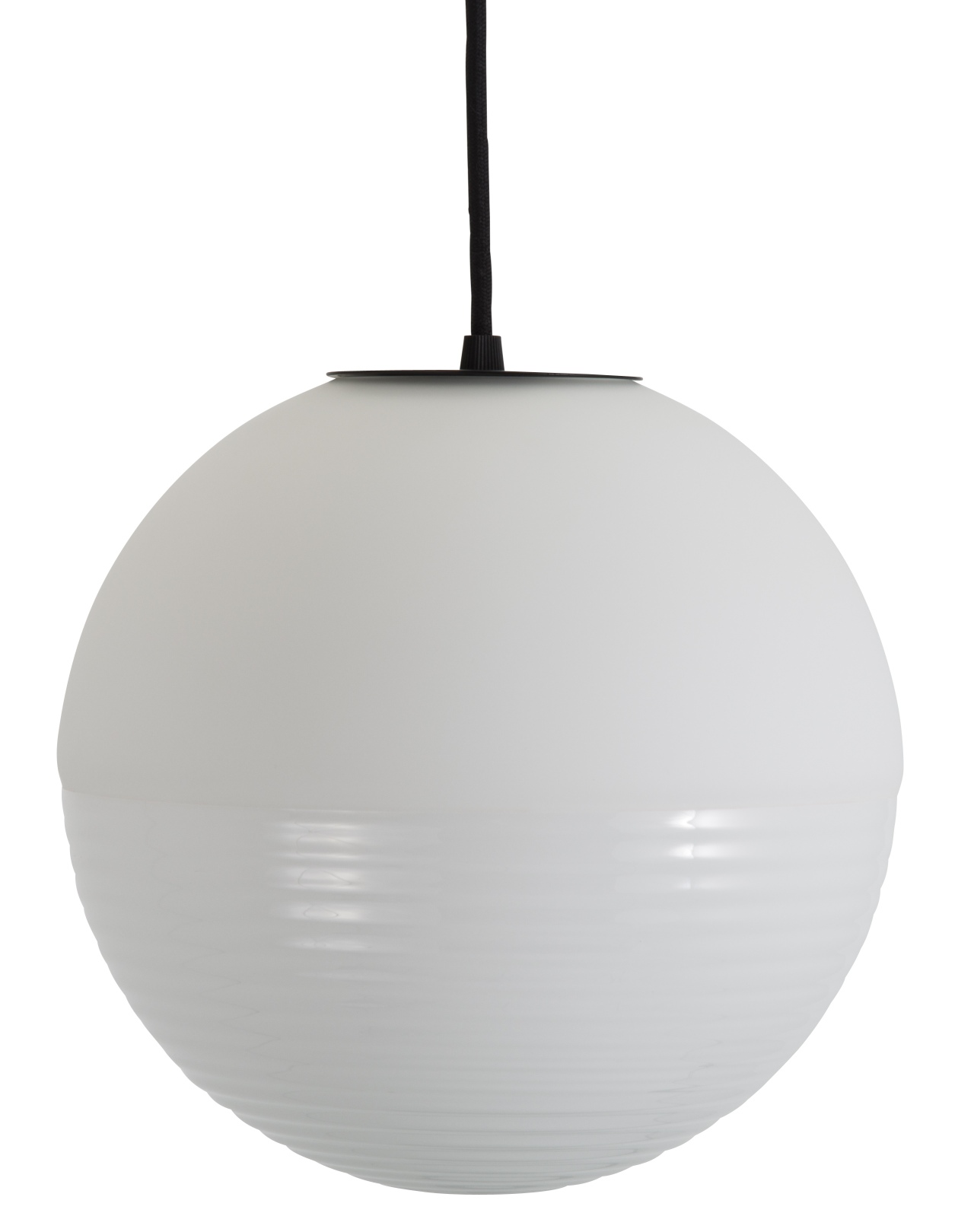Weiße Stellar Pendelleuchte von Pulpo, kleine Hängelampe mit gerippter Oberfläche und schwarzem Kabel.