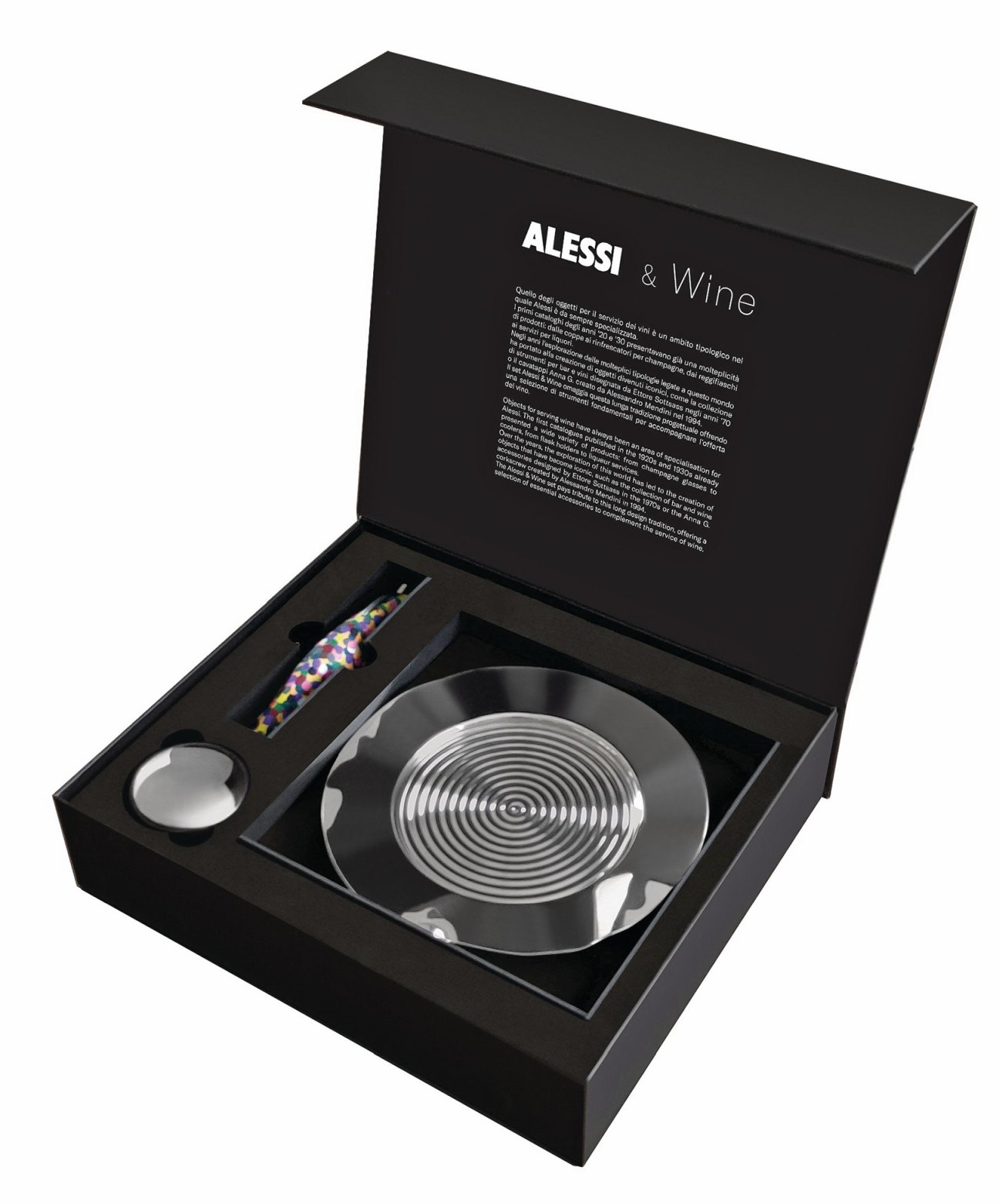 Alessi Wein-Geschenkset mit Flaschenkühler, Tropfenfänger und Korkenzieher im eleganten schwarzen Geschenkkarton.