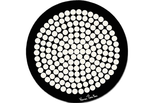 Schwarzer, runder Panton Teppich mit weißen Punkten. Designercarpets Teppich für Wohnzimmer und Schlafzimmer.